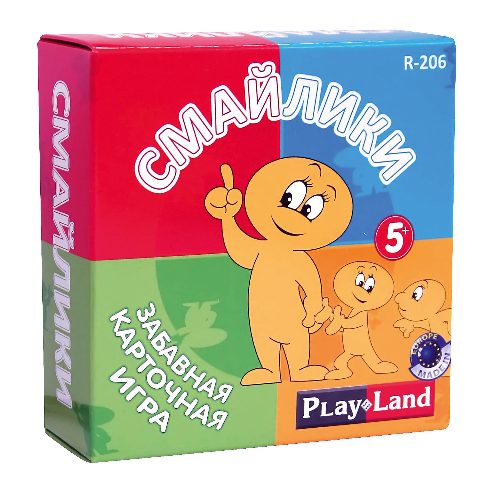 Настольная игра Смайлики, Play Land Настольная игра Смайлики, Play LandКарточные игры<br>Характеристики товара:<br><br>• в комплекте:: 56 карт;<br>• количество игроков: 2-4;<br>• время игры: 30-45 минут;<br>• материал: картон;<br>• возраст: от 5 лет;<br>• размер упаковки: 12х4,5х12,2 см;<br>• вес: 146 грамм;<br>• страна бренда: Болгария.<br><br>Настольная игра «Смайлики» - прекрасное развлечение для всей семьи. В набор входят 56 карт с изображением смайлов и цифр. В наборе есть 4 вида смайлов, изображающих разные эмоции: злость, радость, печаль, удивление.<br><br>Правила игры очень просты и понятны каждому. Главная задача - первым сбросить все свои карты. В начале игры каждому участнику раздают по 6 карт. На столе остается одна стартовая карта. Остальные карты остаются в колоде рубашкой вверх. Игроки по очереди добавляют одну из своих карт к стартовой карте. Выкладывать можно карту с одинаковым номером или с одинаковой эмоцией.<br><br>Настольную игру Смайлики, Play Land (Плей Лэнд) можно купить в нашем интернет-магазине.<br><br>Ширина мм: 122<br>Глубина мм: 45<br>Высота мм: 120<br>Вес г: 146<br>Возраст от месяцев: 60<br>Возраст до месяцев: 168<br>Пол: Унисекс<br>Возраст: Детский<br>SKU: 6893360