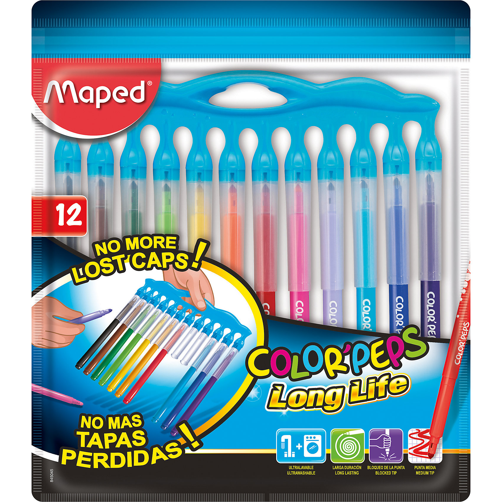 Фломастеры с нетеряющимися колпачками, 12 шт., MAPED COLORPEPS LONG LIFE Фломастеры с нетеряющимися колпачками, 12 шт., MAPED COLORPEPS LONG LIFEРисование<br>Набор фломастеров 12 цветов. С нетеряющимися колпочками. Смываемые. Заблокированный пишущий узел.Упаковка: пакет с подвесом.<br><br>Ширина мм: 190<br>Глубина мм: 10<br>Высота мм: 225<br>Вес г: 120<br>Возраст от месяцев: 36<br>Возраст до месяцев: 2147483647<br>Пол: Унисекс<br>Возраст: Детский<br>SKU: 6897808