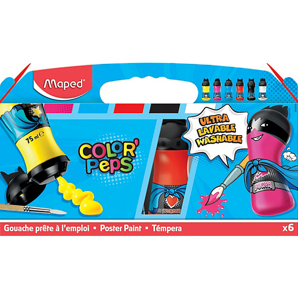 Гуашь, 6 шт., MAPED COLORPEPS Гуашь, 6 шт., MAPED COLORPEPSКраски и кисточки<br>Гуашь с высокой пигментацией - яркие базовые цвета, которые при смешивании позволяют получить любой цвет и оттенок. Ультра-смываемые, готовые к использованию - в мини бутылочках. Уникальная формула: сочетают прекрасную смываемость и высокую укрывистость. В течении суток легко отстираются в стиральной машине при температуре 30 градусов. Оригинальная текстура, можно слегка разводить. Компактные, практичные бутылочки объемом 75 мл. Легко открывающаяся флип-крышка. Краска не вытекает сама, нужно слегка надавить на бутылочку. Привлекательный дизайн: 6 мини супер-героев. Основные цвета: красный, желтый, голубой, розовый, белый, черный.<br><br>Ширина мм: 270<br>Глубина мм: 50<br>Высота мм: 160<br>Вес г: 780<br>Возраст от месяцев: 36<br>Возраст до месяцев: 2147483647<br>Пол: Унисекс<br>Возраст: Детский<br>SKU: 6897809