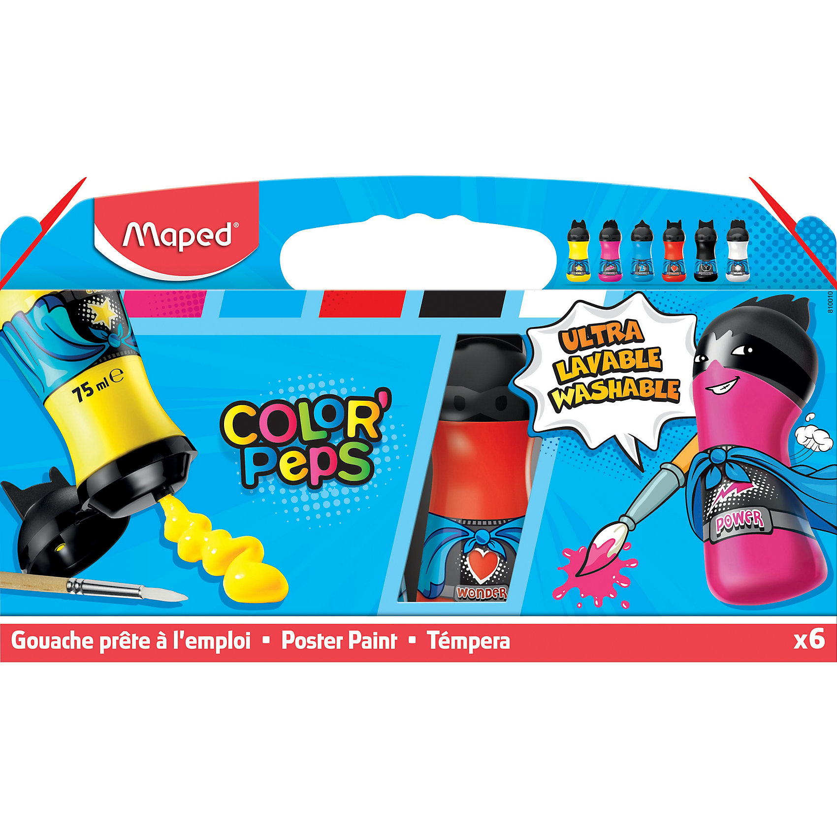 Гуашь, 6 шт., MAPED COLORPEPS Гуашь, 6 шт., MAPED COLORPEPSРисование<br>Гуашь с высокой пигментацией - яркие базовые цвета, которые при смешивании позволяют получить любой цвет и оттенок. Ультра-смываемые, готовые к использованию - в мини бутылочках. Уникальная формула: сочетают прекрасную смываемость и высокую укрывистость. В течении суток легко отстираются в стиральной машине при температуре 30 градусов. Оригинальная текстура, можно слегка разводить. Компактные, практичные бутылочки объемом 75 мл. Легко открывающаяся флип-крышка. Краска не вытекает сама, нужно слегка надавить на бутылочку. Привлекательный дизайн: 6 мини супер-героев. Основные цвета: красный, желтый, голубой, розовый, белый, черный.<br><br>Ширина мм: 270<br>Глубина мм: 50<br>Высота мм: 160<br>Вес г: 780<br>Возраст от месяцев: 36<br>Возраст до месяцев: 2147483647<br>Пол: Унисекс<br>Возраст: Детский<br>SKU: 6897809