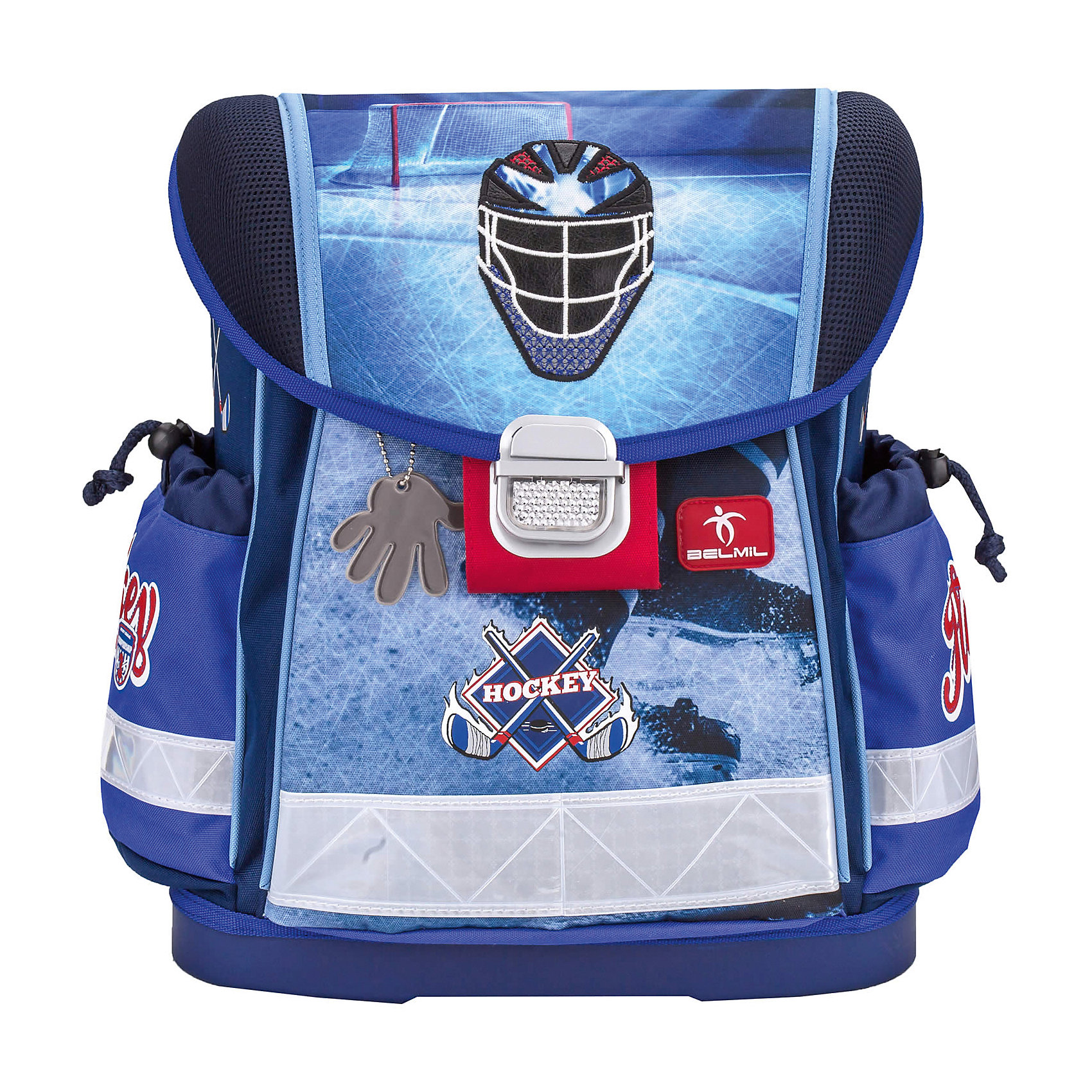 Ранец Belmil Classy Hockey без наполнения Ранец Belmil Classy Hockey без наполненияРанцы<br>Вес: 880 г.<br>Размер: 36х32х19см<br>Состав: пенал , мешок для обуви/нет<br>Наличие светоотражающих элементов: да<br>Материал: полиуретан<br>Объем: 18л<br>Спина: жесткая<br>Наличие дополнительных карманов внутри: да<br>Дно выбрать: (пластиковое/жесткое)<br>Количество отделений внутри:2<br>Боковые карманы: есть/утягивающая застежка<br>Замок: защелка<br>Вмещает А4: да<br>Подойдет для возраста какого 6-10 лет для роста 116-146.<br>Школьный ранец Classy Hockey изготовлен из высококачественного, прочного и водонепроницаемого материала. Имеет жесткую конструкцию и укреплен дополнительными швами со всех краев, дно выполнено из ударопрочного пластика Мягкие и регулируемые по высоте лямки с внутренней обивкой из дышащей ткани, шириной 6 см. Спинка ортопедической формы с обивкой из мягкой дышащей ткани предотвращает искривление позвоночника. Внутреннее пространство ранца разделено на отсеки, позволяющие удобно разместить необходимые принадлежности, вмещает бумагу формата А4 и ноутбук до 15. Боковые карманы на утягивающей застежке вмещают бутылку с водой объемом 0.5 л. Ранец имеет две ручки: одну для удержания ранца в руке и переноски, усиленную пластиковым каркасом и вторую для подвешивания ранца за партой. Надежный металлический замок классической формы со светоотражающим стеклом. Светоотражающие флуоресцентные полоски и специальный брелок-отражатель, расположенные по периметру ранца, сделают вашего ребенка более заметным для фар автомобилей в темное время суток. Хоккей – это спорт для сильных и уверенных в себе! Многие мальчики мечтают быть чемпионами в этом виде спорта. Любящие родители могут подарить своему школьнику отличный тематический ранец Classy Hockey в сине-голубых тонах. Он украшен хоккейными клюшками и маской на лицевом кармане и на верхней крышке рюкзака. Этот школьный портфель произведен в Сербии по высоким европейским стандартам качества. Он имеет ортопедическую спинку, удобные широкие лямки с отделкой из дышащего материала, жесткое днище, необходимое для устойчивости и защиты содержимого от промокания. Детские руки без труда смогут справиться с замками и молниями. Отдельный плюс – светоотражающие вставки по периметру ранца.<br><br>Ширина мм: 320<br>Глубина мм: 190<br>Высота мм: 360<br>Вес г: 900<br>Возраст от месяцев: 72<br>Возраст до месяцев: 2147483647<br>Пол: Мужской<br>Возраст: Детский<br>SKU: 6909756