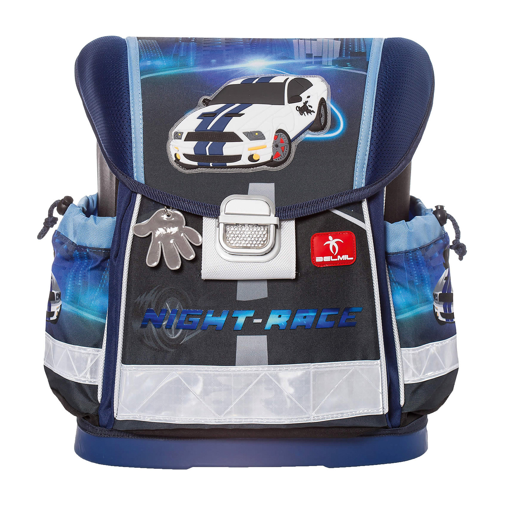 Ранец Belmil Classy :Night Race без наполнения Ранец Belmil Classy :Night Race без наполненияРанцы<br>Вес: 880 г.<br>Размер: 36х32х19см<br>Состав: пенал , мешок для обуви/нет<br>Наличие светоотражающих элементов: да<br>Материал: полиуретан<br>Объем: 18л<br>Спина: жесткая<br>Наличие дополнительных карманов внутри: да<br>Дно выбрать: (пластиковое/жесткое)<br>Количество отделений внутри:2<br>Боковые карманы: есть/утягивающая застежка<br>Замок: защелка<br>Вмещает А4: да<br>Подойдет для возраста какого 6-10 лет для роста 116-146.<br>Школьный ранец Classy Night Race изготовлен из высококачественного, прочного и водонепроницаемого материала. Имеет жесткую конструкцию и укреплен дополнительными швами со всех краев, дно выполнено из ударопрочного пластика Мягкие и регулируемые по высоте лямки с внутренней обивкой из дышащей ткани, шириной 6 см. Спинка ортопедической формы с обивкой из мягкой дышащей ткани предотвращает искривление позвоночника. Внутреннее пространство ранца разделено на отсеки, позволяющие удобно разместить необходимые принадлежности, вмещает бумагу формата А4 и ноутбук до 15. Боковые карманы на утягивающей застежке вмещают бутылку с водой объемом 0.5 л. Ранец имеет две ручки: одну для удержания ранца в руке и переноски, усиленную пластиковым каркасом и вторую для подвешивания ранца за партой. Надежный металлический замок классической формы со светоотражающим стеклом. Светоотражающие флуоресцентные полоски и специальный брелок-отражатель, расположенные по периметру ранца, сделают вашего ребенка более заметным для фар автомобилей в темное время суток. Стремительные гоночные авто – это настоящая страсть многих мальчишек. Школьный ранец Classy Night Race станет верным спутником любого школьника. Он выполнен в темных тонах. Такое решение является практичным и выигрышным, учитывая насколько активными являются маленькие ученики. Белые, синие и голубые оттенки придают ранцу нарядность и выразительность. Отдельное внимание будет привлекать детализированное изображение мчащегося авто на верхней крышке ранца, а также брелок-смайл на лицевом кармане. Благодаря жесткому днищу ранец можно ставит на пол и не бояться за то, что внутреннее содержимое промокнет или помнется. Анатомическая спинка равномерно распределяет нагрузку, что позволяет долго носить ранец и не испытывать никакого дискомфорта.<br><br>Ширина мм: 320<br>Глубина мм: 190<br>Высота мм: 360<br>Вес г: 900<br>Возраст от месяцев: 72<br>Возраст до месяцев: 2147483647<br>Пол: Мужской<br>Возраст: Детский<br>SKU: 6909758