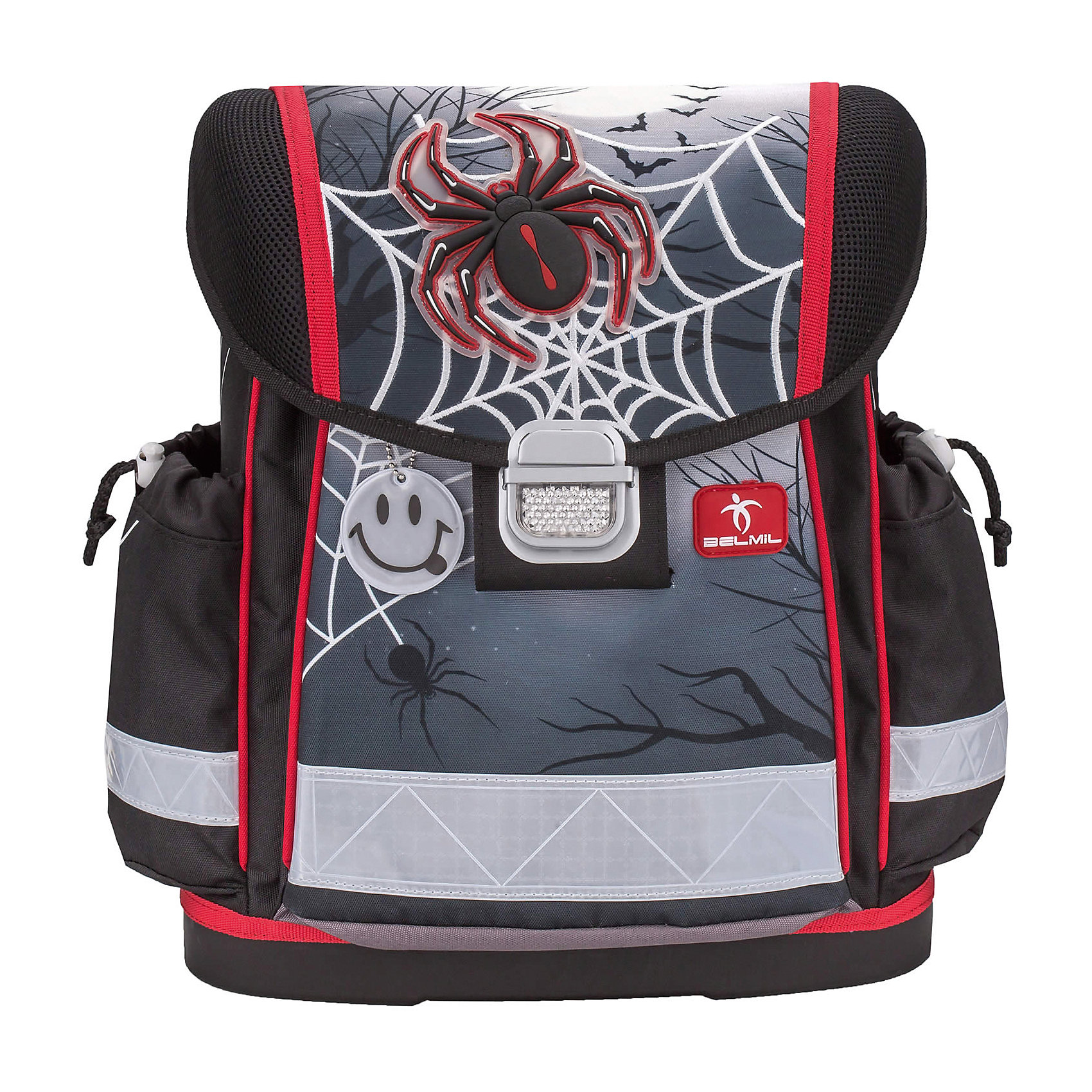 Ранец Belmil Classy Spider (Lumo) без наполнения Ранец Belmil Classy Spider (Lumo) без наполненияРанцы<br>Вес: 880 г.<br>Размер: 36х32х19см<br>Состав: пенал , мешок для обуви/нет<br>Наличие светоотражающих элементов: да<br>Материал: полиуретан<br>Объем: 18л<br>Спина: жесткая<br>Наличие дополнительных карманов внутри: да<br>Дно выбрать: (пластиковое/жесткое)<br>Количество отделений внутри:2<br>Боковые карманы: есть/утягивающая застежка<br>Замок: защелка<br>Вмещает А4: да<br>Подойдет для возраста какого 6-10 лет для роста 116-146.<br>Школьный ранец Classy Pussycat изготовлен из высококачественного, прочного и водонепроницаемого материала. Имеет жесткую конструкцию и укреплен дополнительными швами со всех краев, дно выполнено из ударопрочного пластика Мягкие и регулируемые по высоте лямки с внутренней обивкой из дышащей ткани, шириной 6 см. Спинка ортопедической формы с обивкой из мягкой дышащей ткани предотвращает искривление позвоночника. Внутреннее пространство ранца разделено на отсеки, позволяющие удобно разместить необходимые принадлежности, вмещает бумагу формата А4 и ноутбук до 15. Боковые карманы на утягивающей застежке вмещают бутылку с водой объемом 0.5 л. Ранец имеет две ручки: одну для удержания ранца в руке и переноски, усиленную пластиковым каркасом и вторую для подвешивания ранца за партой. Надежный металлический замок классической формы со светоотражающим стеклом. Светоотражающие флуоресцентные полоски и специальный брелок-отражатель, расположенные по периметру ранца, сделают вашего ребенка более заметным для фар автомобилей в темное время суток.<br><br>Ширина мм: 320<br>Глубина мм: 190<br>Высота мм: 360<br>Вес г: 900<br>Возраст от месяцев: 72<br>Возраст до месяцев: 2147483647<br>Пол: Мужской<br>Возраст: Детский<br>SKU: 6909761