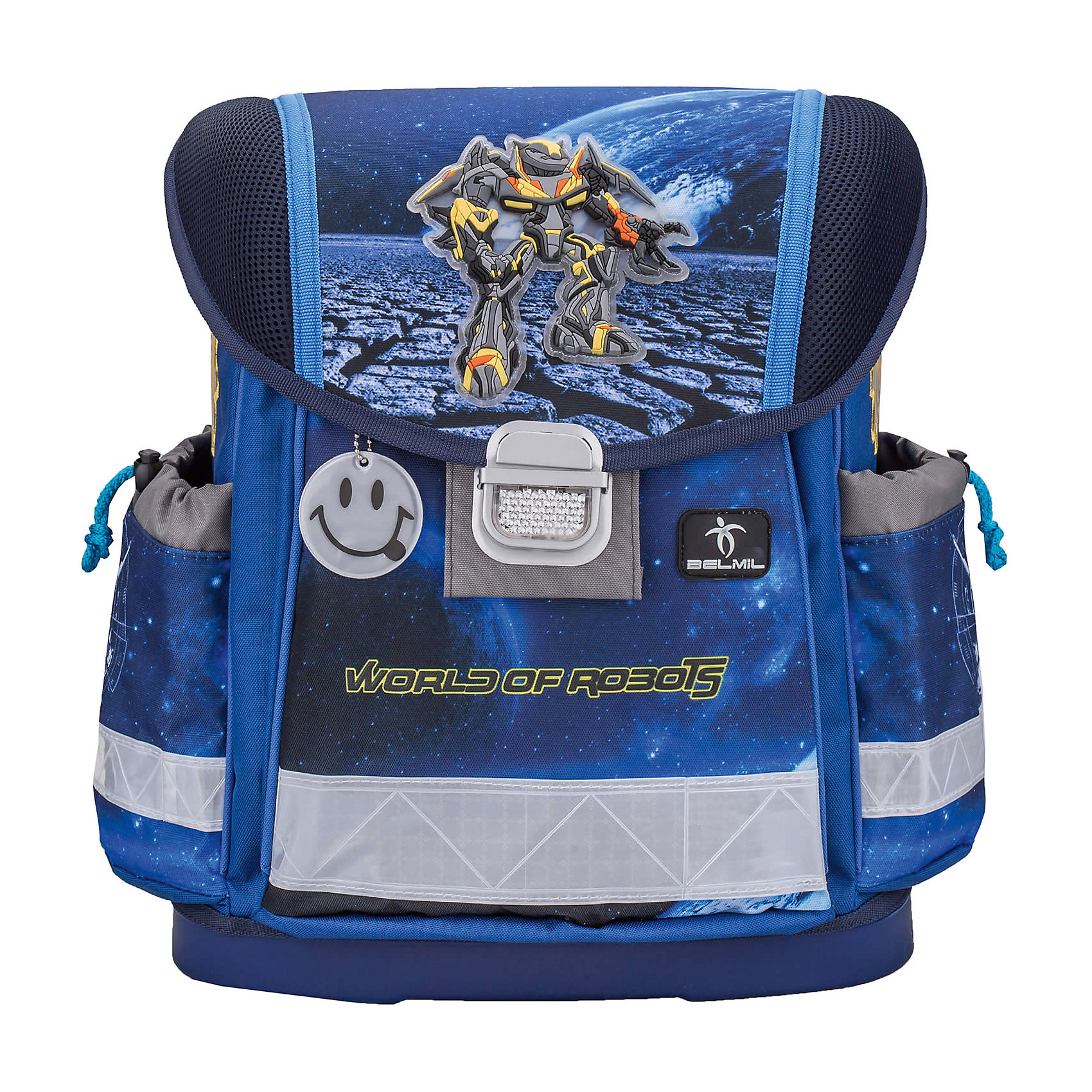Ранец Belmil Classy World Of Robots без наполнения Ранец Belmil Classy World Of Robots без наполненияРанцы<br>Вес: 880 г.<br>Размер: 36х32х19см<br>Состав: пенал , мешок для обуви/нет<br>Наличие светоотражающих элементов: да<br>Материал: полиуретан<br>Объем: 18л<br>Спина: жесткая<br>Наличие дополнительных карманов внутри: да<br>Дно выбрать: (пластиковое/жесткое)<br>Количество отделений внутри:2<br>Боковые карманы: есть/утягивающая застежка<br>Замок: защелка<br>Вмещает А4: да<br>Подойдет для возраста какого 6-10 лет для роста 116-146. <br>Школьный ранец Classy World of Robots изготовлен из высококачественного, прочного и водонепроницаемого материала. Имеет жесткую конструкцию и укреплен дополнительными швами со всех краев, дно выполнено из ударопрочного пластика Мягкие и регулируемые по высоте лямки с внутренней обивкой из дышащей ткани, шириной 6 см. Спинка ортопедической формы с обивкой из мягкой дышащей ткани предотвращает искривление позвоночника. Внутреннее пространство ранца разделено на отсеки, позволяющие удобно разместить необходимые принадлежности, вмещает бумагу формата А4 и ноутбук до 15. Боковые карманы на утягивающей застежке вмещают бутылку с водой объемом 0.5 л. Ранец имеет две ручки: одну для удержания ранца в руке и переноски, усиленную пластиковым каркасом и вторую для подвешивания ранца за партой. Надежный металлический замок классической формы со светоотражающим стеклом. Светоотражающие флуоресцентные полоски и специальный брелок-отражатель, расположенные по периметру ранца, сделают вашего ребенка более заметным для фар автомобилей в темное время суток. Какой же мальчишка не мечтает иметь большого робота, оснащенного разными интересными функциями? Именно его изображение нанесено на верхнюю крышку школьного ранца Classy World of Robots. Выигрышное сочетание синего, голубого и черных оттенков делает предмет первой необходимости модным и привлекательным. С таким портфелем ваш ребенок будет ходить на занятия с удовольствием. Наличие удобных и надежно закрывающихся карманов и отделов будет побуждать ребенка держать все вещи аккуратно и в порядке. Так, например, в боковые отсеки с утяжками он сможет разместить термос с чаем, бутылочку с соком или фрукты для обеда. Светоотражающие вставки сделают ребенка заметным в темноте.<br><br>Ширина мм: 320<br>Глубина мм: 190<br>Высота мм: 360<br>Вес г: 900<br>Возраст от месяцев: 72<br>Возраст до месяцев: 2147483647<br>Пол: Мужской<br>Возраст: Детский<br>SKU: 6909763