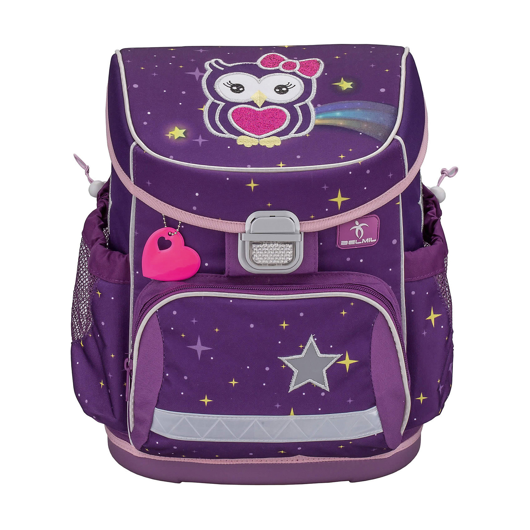 Ранец Belmil Mini-Fit Mia без наполнения Ранец Belmil Mini-Fit Mia без наполненияРанцы<br>Вес: 780 г.<br>Размер: 280х360х170см<br>Состав: нагрудный ремень/да<br>Наличие светоотражающих элементов: да<br>Материал: полиуретан<br>Объем: 15л<br>Спина: жесткая<br>Наличие дополнительных карманов внутри: да<br>Дно выбрать: (пластиковое/жесткое)<br>Количество отделений внутри:2<br>Боковые карманы: есть/утягивающая застежка<br>Замок: защелка<br>Вмещает А4: да<br>Подойдет для возраста какого 7-10 лет для роста 116-146. <br>Школьный ранец Mini-Fit Mia изготовлен из высококачественного, прочного и водонепроницаемого материала. Внутреннее пространство ранца разделено на отсеки, позволяющие удобно разместить необходимые принадлежности, вмещает бумагу формата А4. Боковые карманы на утягивающей застежке вмещают бутылку с водой объемом 0.5 л. Анатомическая спинка повторяет строение позвоночника ребенка и существенно снижает нагрузку. Вес равномерно распределен по всей спине. Мягкая прокладка из воздухопроницаемой ткани с сетчатой структурой и специальным рельефом надежно предотвращает запотевание спины ребенка. Широкие и мягкие регулируемые лямки из материала с «эффектом памяти» запоминают параметры после того, как ребенок подстроит ранец под себя и при надевании ранца снова четко повторяют прежние контуры. Регулируемый по росту нагрудный фиксатор. Устойчивое пластиковое дно надежно защищает содержимое ранца от намокания. Металлический замок со светоотражателем. Светоотражающие элементы по периметру ранца повышают безопасность ребенка на дороге в темное время суток. Современный эргономичный дизайн.<br><br>Ширина мм: 280<br>Глубина мм: 170<br>Высота мм: 360<br>Вес г: 800<br>Возраст от месяцев: 72<br>Возраст до месяцев: 2147483647<br>Пол: Женский<br>Возраст: Детский<br>SKU: 6909768