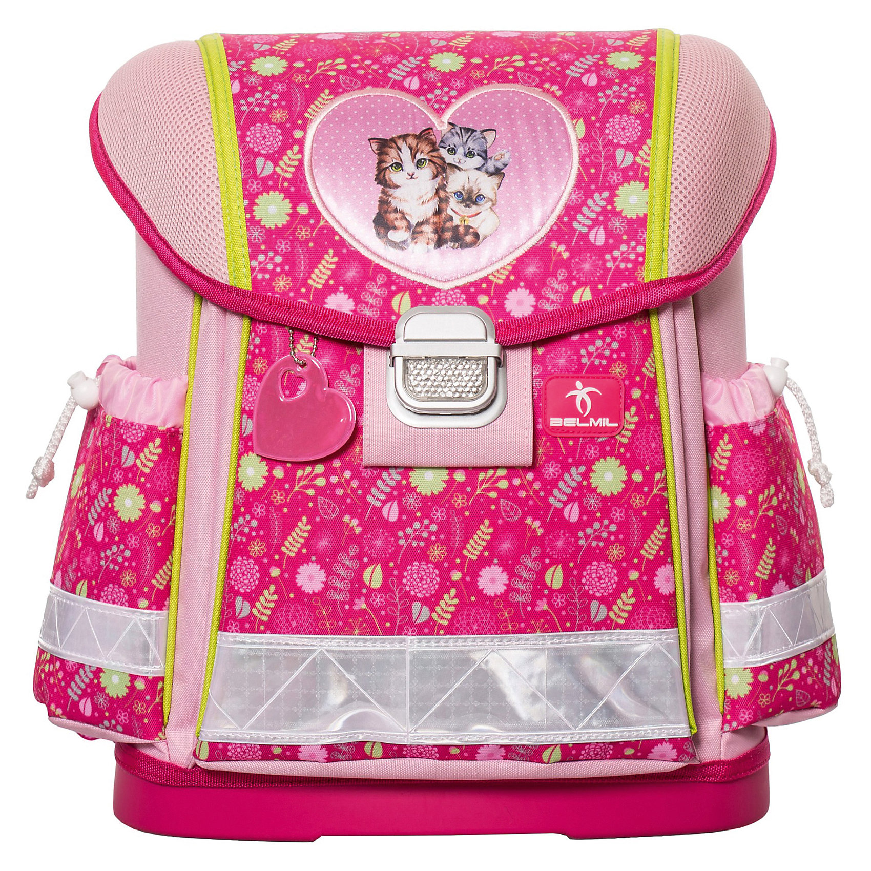 Ранец Belmil Cats без наполнения Ранец Belmil Cats без наполненияРанцы<br>Вес: 980 г.<br>Размер: 32х19х36см<br>Состав: пенал , мешок для обуви/нет<br>Наличие светоотражающих элементов: да<br>Материал: полиуретан<br>Объем: 18л<br>Спина: жесткая<br>Наличие дополнительных карманов внутри: да<br>Дно выбрать: (пластиковое/жесткое)<br>Количество отделений внутри:2<br>Боковые карманы: есть/утягивающая застежка<br>Замок: защелка<br>Вмещает А4: да<br>Подойдет для возраста какого 6-10 лет для роста 116-146.<br>Школьный ранец Cats изготовлен из высококачественного, прочного и водонепроницаемого материала. Имеет жесткую конструкцию и укреплен дополнительными швами со всех краев, дно выполнено из ударопрочного пластика Мягкие и регулируемые по высоте лямки с внутренней обивкой из дышащей ткани, шириной 6 см. Спинка ортопедической формы с обивкой из мягкой дышащей ткани предотвращает искривление позвоночника. Внутреннее пространство ранца разделено на отсеки, позволяющие удобно разместить необходимые принадлежности, вмещает бумагу формата А4 и ноутбук до 15. Боковые карманы на утягивающей застежке вмещают бутылку с водой объемом 0.5 л. Ранец имеет две ручки: одну для удержания ранца в руке и переноски, усиленную пластиковым каркасом и вторую для подвешивания ранца за партой. Надежный металлический замок классической формы со светоотражающим стеклом. Светоотражающие флуоресцентные полоски и специальный брелок-отражатель, расположенные по периметру ранца, сделают вашего ребенка более заметным для фар автомобилей в темное время суток.<br><br>Ширина мм: 320<br>Глубина мм: 190<br>Высота мм: 360<br>Вес г: 990<br>Возраст от месяцев: 72<br>Возраст до месяцев: 2147483647<br>Пол: Женский<br>Возраст: Детский<br>SKU: 6909774