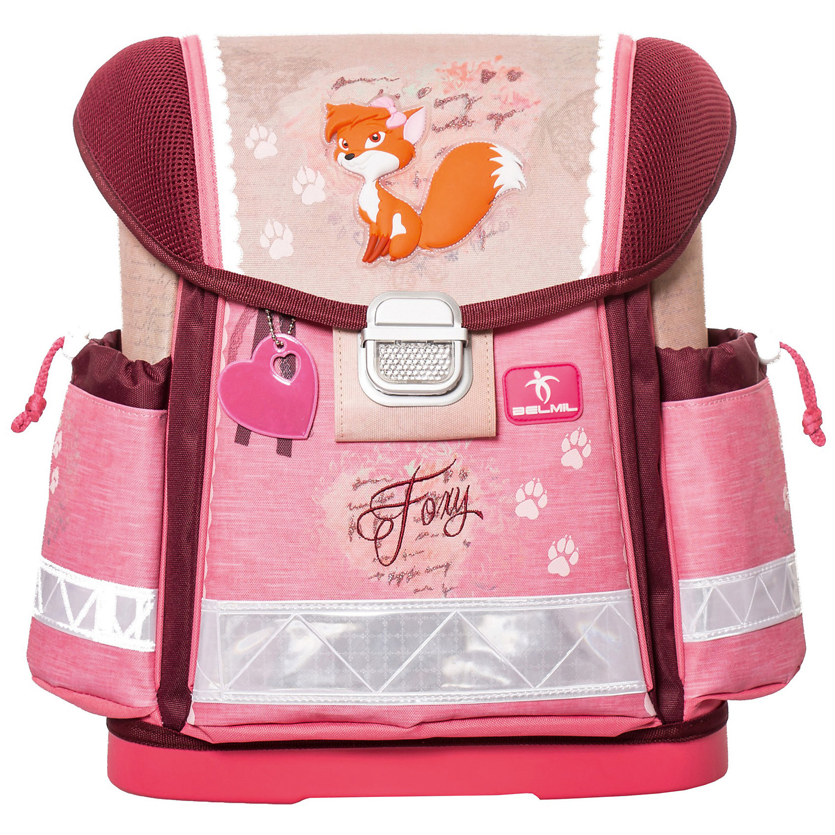 Ранец Belmil Foxy без наполнения Ранец Belmil Foxy без наполненияРанцы<br>Вес: 980 г.<br>Размер: 32х19х36см<br>Состав: пенал , мешок для обуви/нет<br>Наличие светоотражающих элементов: да<br>Материал: полиуретан<br>Объем: 18л<br>Спина: жесткая<br>Наличие дополнительных карманов внутри: да<br>Дно выбрать: (пластиковое/жесткое)<br>Количество отделений внутри:2<br>Боковые карманы: есть/утягивающая застежка<br>Замок: защелка<br>Вмещает А4: да<br>Подойдет для возраста какого 6-10 лет для роста 116-146.<br>Школьный ранец Foxy изготовлен из высококачественного, прочного и водонепроницаемого материала. Имеет жесткую конструкцию и укреплен дополнительными швами со всех краев, дно выполнено из ударопрочного пластика Мягкие и регулируемые по высоте лямки с внутренней обивкой из дышащей ткани, шириной 6 см. Спинка ортопедической формы с обивкой из мягкой дышащей ткани предотвращает искривление позвоночника. Внутреннее пространство ранца разделено на отсеки, позволяющие удобно разместить необходимые принадлежности, вмещает бумагу формата А4 и ноутбук до 15. Боковые карманы на утягивающей застежке вмещают бутылку с водой объемом 0.5 л. Ранец имеет две ручки: одну для удержания ранца в руке и переноски, усиленную пластиковым каркасом и вторую для подвешивания ранца за партой. Надежный металлический замок классической формы со светоотражающим стеклом. Светоотражающие флуоресцентные полоски и специальный брелок-отражатель, расположенные по периметру ранца, сделают вашего ребенка более заметным для фар автомобилей в темное время суток.<br><br>Ширина мм: 320<br>Глубина мм: 190<br>Высота мм: 360<br>Вес г: 990<br>Возраст от месяцев: 72<br>Возраст до месяцев: 2147483647<br>Пол: Женский<br>Возраст: Детский<br>SKU: 6909777