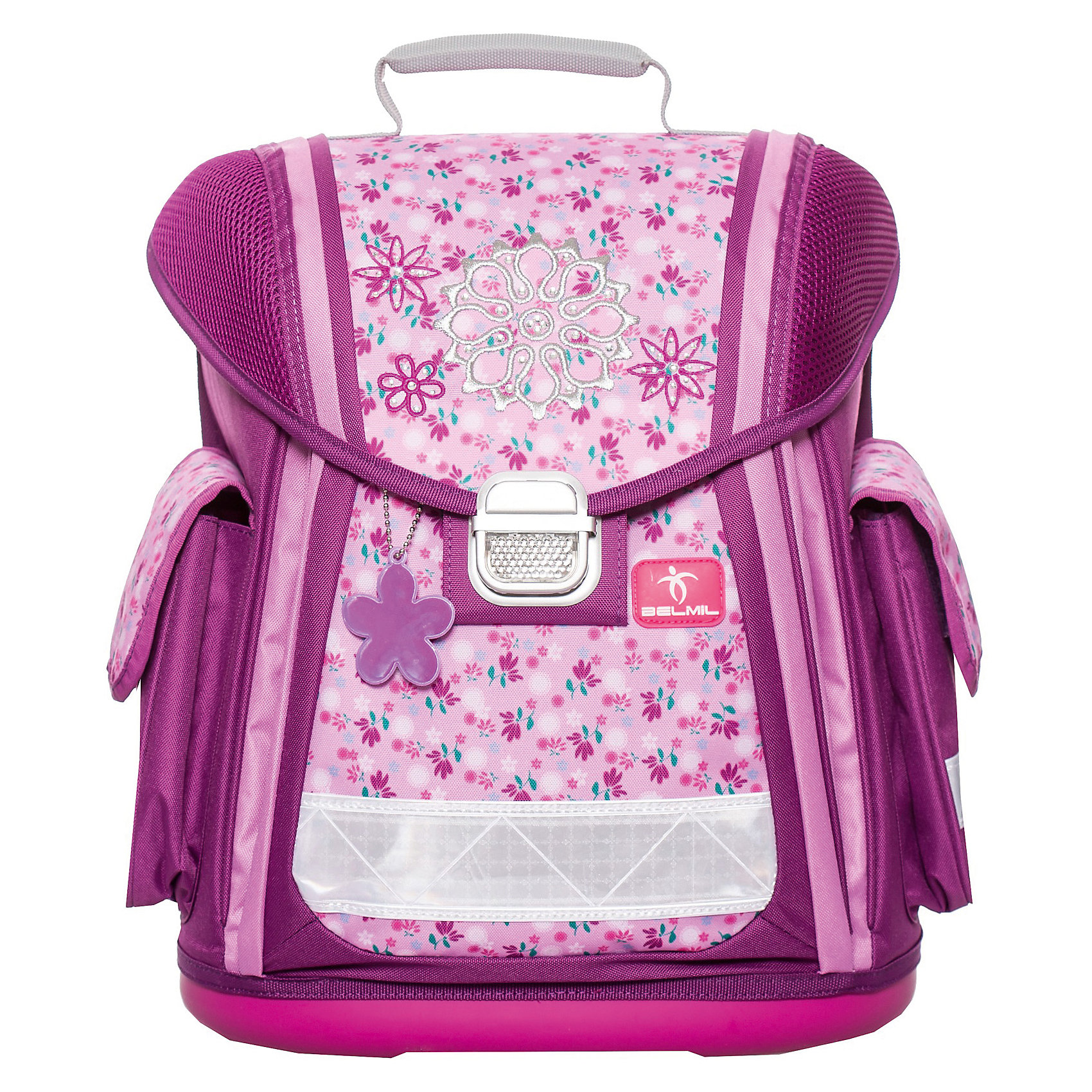 Ранец Belmil Romantic без наполнения Ранец Belmil Romantic без наполненияРанцы<br>Вес: 980 г.<br>Размер: 32х21х38см<br>Состав: пенал , мешок для обуви/нет<br>Наличие светоотражающих элементов: да<br>Материал: полиуретан<br>Объем: 18л<br>Спина: жесткая<br>Наличие дополнительных карманов внутри: да<br>Дно выбрать: (пластиковое/жесткое)<br>Количество отделений внутри:2<br>Боковые карманы: есть/липучка<br>Замок: защелка<br>Вмещает А4: да<br>Подойдет для возраста какого 6-10 лет для роста 116-146.<br>Школьный ранец Romantic изготовлен из высококачественного, прочного и водонепроницаемого материала. Имеет жесткую конструкцию и укреплен дополнительными швами со всех краев, дно выполнено из ударопрочного пластика Мягкие и регулируемые по высоте лямки с внутренней обивкой из дышащей ткани, шириной 6 см. Спинка ортопедической формы с обивкой из мягкой дышащей ткани предотвращает искривление позвоночника. Внутреннее пространство ранца разделено на отсеки, позволяющие удобно разместить необходимые принадлежности, вмещает бумагу формата А4 и ноутбук до 15. Боковые карманы на липучке вмещают бутылку с водой объемом 0.5 л. Ранец имеет две ручки: одну для удержания ранца в руке и переноски, усиленную пластиковым каркасом и вторую для подвешивания ранца за партой. Надежный металлический замок классической формы со светоотражающим стеклом. Светоотражающие флуоресцентные полоски и специальный брелок-отражатель, расположенные по периметру ранца, сделают вашего ребенка более заметным для фар автомобилей в темное время суток.<br><br>Ширина мм: 320<br>Глубина мм: 210<br>Высота мм: 380<br>Вес г: 1100<br>Возраст от месяцев: 72<br>Возраст до месяцев: 2147483647<br>Пол: Женский<br>Возраст: Детский<br>SKU: 6909779