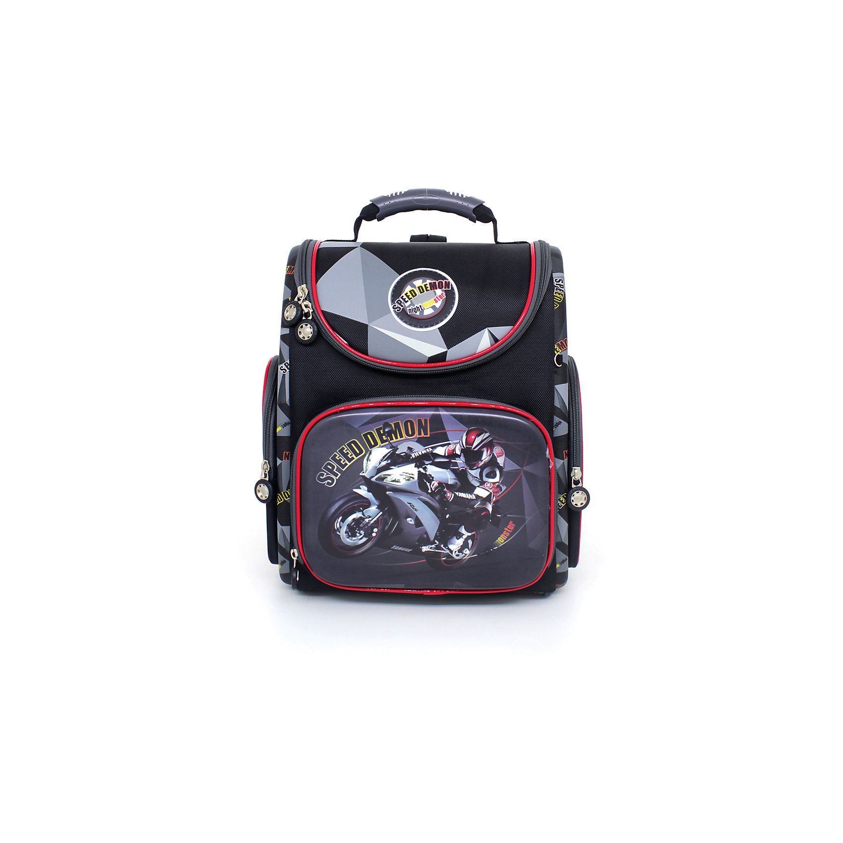 Ранец Hummingbird Speed Demon + мешок для обуви Ранец Hummingbird Speed Demon + мешок для обувиРанцы<br>Вес: 1390 г.<br>Размер: 280х180х380см<br>Состав: мешок для сменной обуви/да<br>Наличие светоотражающих элементов: да<br>Материал: полиэстер<br>Объем: 18л<br>Спина: жесткая<br>Наличие дополнительных карманов внутри: да<br>Дно: (пластиковое/жесткое)<br>Количество отделений внутри:1<br>Боковые карманы: 2<br>Замок: молния<br>Вмещает А4: да<br>Подойдет для возраста какого 6-10 лет для роста 116-146. <br>Яркие школьные ранцы Hummingbird воплощают в себе качество и продуманный дизайн. Ранец Speed Demon сделан из светоотрожающих и непромокаемых, экологически чистых материалов. Отлично держит форму. Благодаря ортопедической анатомической конструкции, нагрузка на позвоночник ребенка минимальна и распределяется равномерно. Лямки регулируются по высоте в зависимости от предпочтений и индивидуальных особенностей строения спины ребёнка. Ранец полностью раскладывается при помощи вшитых молний, что позволяет ранец легко чистить как снаружи, так и внутри. Внутри ранца расположены удобные отсеки для тетрадей, держатели для ручек, кармашки для канцелярских принадлежностей, а также отделения на резинке, которые фиксируют учебники и не дают им перемещаться при движении. Под крышкой ранца имеется место для расписания уроков. На лицевой стороне ранца присутствует накладной карман на молнии для письменных принадлежностей и мелочей. По бокам ранца размещены два дополнительных накладных кармана на молниях. Имеется нагрудный регулируемый поддерживающий ремень, способствующий равномерному распределению веса ранца (перенос части его веса с плеч на талию и бедра). Удобная ручка-переноска и петелька, за которую можно повесить ранец. Мешок для обуви в комплекте.<br><br>Ширина мм: 300<br>Глубина мм: 150<br>Высота мм: 400<br>Вес г: 1400<br>Возраст от месяцев: 72<br>Возраст до месяцев: 2147483647<br>Пол: Мужской<br>Возраст: Детский<br>SKU: 6909787