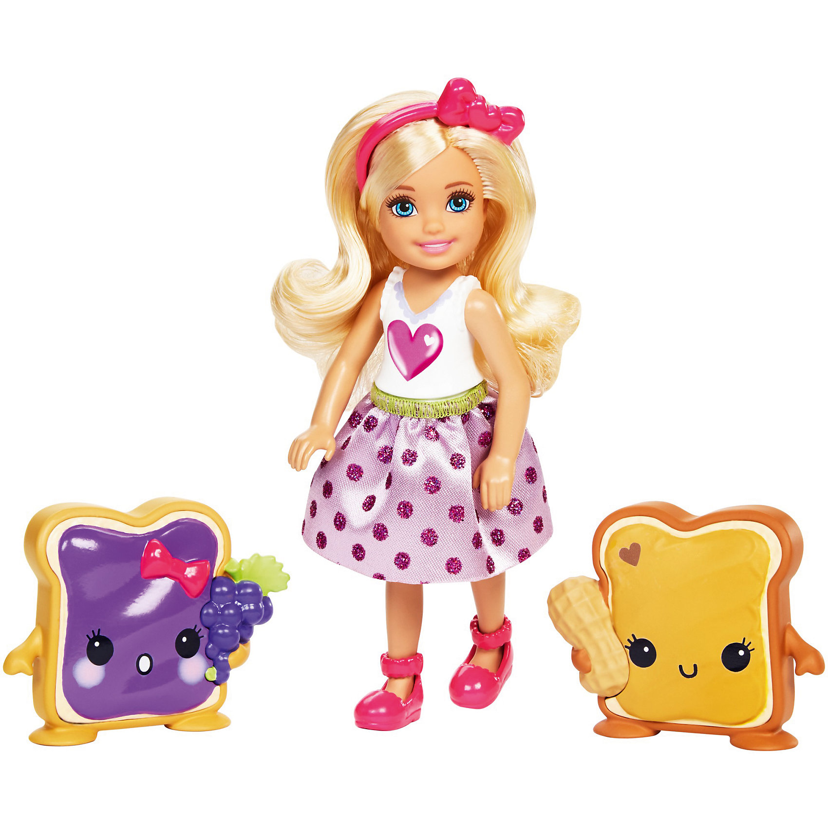 Кукла Barbie Челси и сладости Кукла Barbie Челси и сладостиКуклы-модели<br>Характеристики товара:<br><br>• возраст: от 3 лет<br>• материал: пластик;<br>• высота куклы: 11-13 см;<br>• размер упаковки: 16X16X6 см;<br>• страна бренда: США<br>• страна изготовоитель: Китай<br><br>Очаровательная кукла Chelsea™ из королевства Сладкоград Barbie™ Dreamtopia еще милее, когда рядом друзья из страны сладостей. <br><br>Chelsea™ с арахисовым маслом и?желе одета в юбку с узором в виде желе. Увлекательные детали есть и у друзей из Сладкограда: у арахисового масла есть орешек, а у желе — виноградины. <br><br>Куклу Barbie Челси и сладости можно купить в нашем интернет-магазине.<br><br>Ширина мм: 160<br>Глубина мм: 45<br>Высота мм: 165<br>Вес г: 192<br>Возраст от месяцев: 36<br>Возраст до месяцев: 2147483647<br>Пол: Женский<br>Возраст: Детский<br>SKU: 7014662