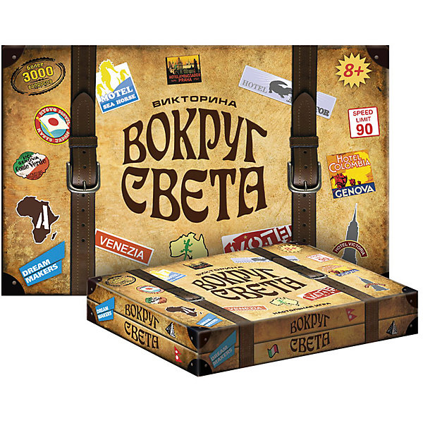 Настольная игра Вокруг света Dream makers Настольная игра Вокруг света Dream makersНастольные игры для всей семьи<br>Характеристики товара:<br><br>• возраст: от 8 лет;<br>• в комплекте: игровое поле, карточки стран 81 шт., карточки вопросов 567 шт., деревянные чемоданчики 8 шт., денежные купоны 130 шт., игральные кубики 2 шт., линейка, инструкция;<br>• количество игроков: 2-4;<br>• время игры: 60 мин.;<br>• из чего сделана игрушка (состав): картон, бумага, дерево, пластик;<br>• вес: 1,74 кг.;<br>• размер упаковки: 36х23,5х5,5 см;<br>• размер игрового поля: 59.5х35 см;<br>• размер карточки стран: 16.8х11.9 см;<br>• размер карточки вопросов: 9х6.5 см;<br>• размер деревянного чемоданчика: 1.8х1.5 см;<br>• размер денежного купона: 8.5х4.2 см;<br>• размер кубика: 1.5х1.5 см;<br>• размер линейки: 19.5х3 см;<br>• страна производитель: Россия.<br><br>Игра «Вокруг света» создана специально для любознательных! Для тех, кто любит путешествия, новые открытия и впечатления. Благодаря ей вы сможете побывать в 81 стране мира и узнать о них много нового и неожиданного. А чтобы путешествие было еще интереснее, мы предлагаем вам посоревноваться с вашими единомышленниками: кто же быстрее всех сможет объехать Землю и побывать мимнимум в 10 государствах? <br><br>Для перемещения и проживания Вам понадобяться деньги, которые вы будете получать за правильные ответы на вопросы или же за честный труд, причем профессия и оклад зависят от страны пребывания. В процессе игры игроки будут узнавать все больше и больше о других странах, об их культуре, истории, экономике. А красочные фотографии и важная статистичесткая информация сделают ваши впечатления максимально полными.<br><br>Так ребенок учиться находить выход из сложных и не очень ситуаций, развивается адаптивность к окружающей среде. С точки зрения поведенческой психологии - это очень полезное увлечение. <br><br>Детскую настольную игру «Вокруг света» можно купить в нашем интернет-магазине.<br><br>Ширина мм: 360<br>Глубина мм: 235<br>Высота мм: 55<br>Вес г: 1740<br>Возраст от месяцев: 96<br>Возраст до месяцев: 2147483647<br>Пол: Унисекс<br>Возраст: Детский<br>SKU: 7040269