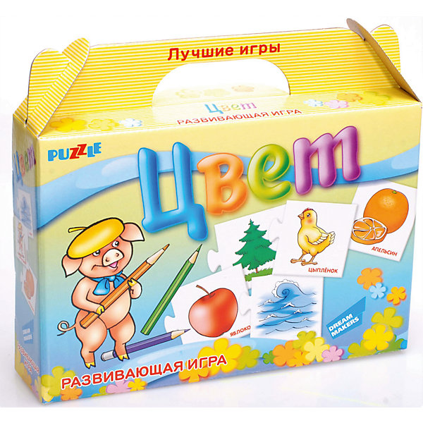 Развивающая игра-пазл Цвет Dream makers (30 деталей) Развивающая игра-пазл Цвет Dream makers (30 деталей)Изучаем цвета и формы<br>Характеристики товара:<br><br>• возраст: от 3 лет;<br>• количество деталей: 10 пар карточек;<br>• из чего сделана игрушка (состав): картон;<br>• вес: 100 гр.;<br>• размер упаковки: 21,5х18,5х5 см;<br>• страна: Беларусь .<br><br>Отложите в сторону скучные занятия! Меняйте простое заучивание на познавательные игры. Используйте парные картинки — ищите с ребёнком ассоциативные связи и логические цепочки между изображениями. Помогите малышу научиться распознавать десять основных цветов вместе с настольной развивающей игрой «Цвет».<br><br>Начните занятия с нескольких карточек и постепенно увеличивайте их количество. Продемонстрируйте ребёнку соединённые пары, назовите цвет карандашей и покажите ассоциативную картинку. Разомкните половинки карточек, перемешайте их и задавайте малышу наводящие вопросы. Например: «Смотри, цыплёнок. Найди карандаши жёлтого цвета».<br><br>Детскую настольную игру пазл развивающий «Цвет» можно купить в нашем интернет-магазине.<br><br>Ширина мм: 215<br>Глубина мм: 185<br>Высота мм: 50<br>Вес г: 100<br>Возраст от месяцев: 36<br>Возраст до месяцев: 2147483647<br>Пол: Унисекс<br>Возраст: Детский<br>SKU: 7040273