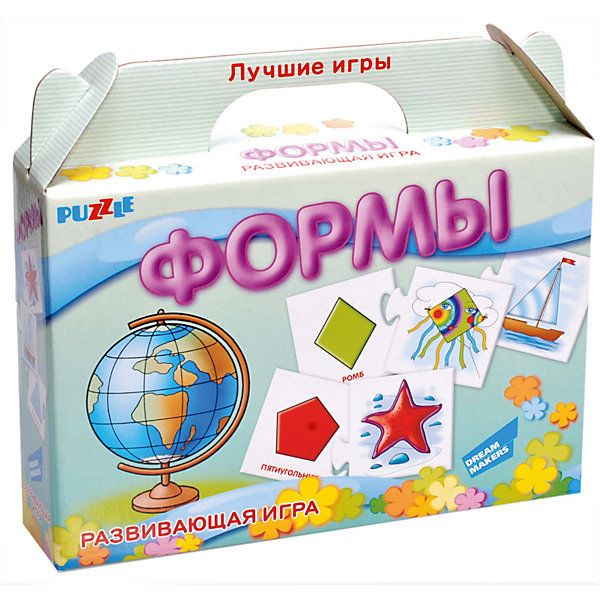 Развивающая игра-пазл Формы Dream makers (20 деталей) Развивающая игра-пазл Формы Dream makers (20 деталей)Изучаем цвета и формы<br>Характеристики товара:<br><br>• возраст: от 3 лет;<br>• количество деталей: 10 пар карточек;<br>• из чего сделана игрушка (состав): картон;<br>• вес: 100 гр.;<br>• размер упаковки: 21,5х18,5х5 см;<br>• страна: Беларусь .<br><br>Отложите в сторону скучные занятия! Меняйте простое заучивание на познавательные игры. Используйте парные картинки — ищите с ребёнком ассоциативные связи и логические цепочки между изображениями. Помогите малышу выучить цвета и геометрические фигуры вместе с настольной развивающей игрой «Формы».<br><br>Начните занятия с нескольких карточек и постепенно увеличивайте их количество. Продемонстрируйте ребёнку соединённые пары, назовите фигуру, её цвет, покажите ассоциативную картинку. Разомкните половинки карточек, перемешайте их и задавайте малышу наводящие вопросы. Например: «Смотри, нарисована морская звезда. Найди красный пятиугольник».<br><br>Детскую настольную игру пазл развивающий «Формы» можно купить в нашем интернет-магазине.<br><br>Ширина мм: 215<br>Глубина мм: 185<br>Высота мм: 50<br>Вес г: 100<br>Возраст от месяцев: 36<br>Возраст до месяцев: 2147483647<br>Пол: Унисекс<br>Возраст: Детский<br>SKU: 7040274