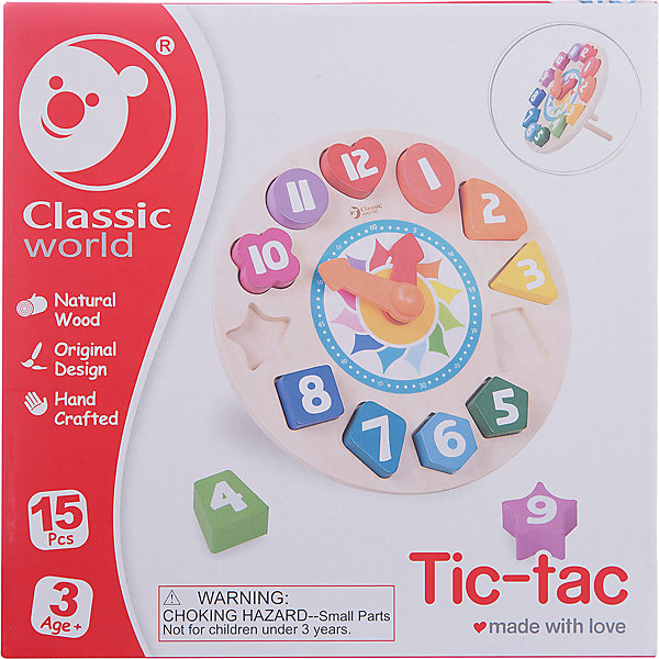 Деревянная рамка вкладыш Classic World Часы Тик-Так Деревянная рамка вкладыш Classic World Часы Тик-ТакДеревянные игрушки<br>Характеристики:<br><br>• возраст: от 1 года<br>• комплектация: деревянная рамка со стрелками, 12 геометрических фигур с цифрами<br>• материал: дерево<br>• упаковка: картонная коробка<br>• размер упаковки: 26х26х3 см.<br>• вес: 410 гр.<br><br>Рамка-вкладыш «Часы Тик-Так» познакомит ребенка с понятием времени, геометрическими фигурами, цифрами от 1 до 12 и цветом.<br><br>Разноцветные часики с подвижными стрелками помогут ребенку научиться правильно, определять время. В рамке часов есть специальные выемки, в которые ребенку нужно будет правильно вставить разноцветные детали с цифрами. Все детали имеют разную форму.<br><br>Игрушка изготовлена из экологически чистого дерева, для окрашивания использованы краски на водной основе. Поверхность всех элементов набора тщательно обработана.<br><br>Деревянную рамку вкладыш Classic World Часы Тик-Так можно купить в нашем интернет-магазине.<br><br>Ширина мм: 260<br>Глубина мм: 30<br>Высота мм: 260<br>Вес г: 410<br>Возраст от месяцев: 12<br>Возраст до месяцев: 2147483647<br>Пол: Унисекс<br>Возраст: Детский<br>SKU: 7044541