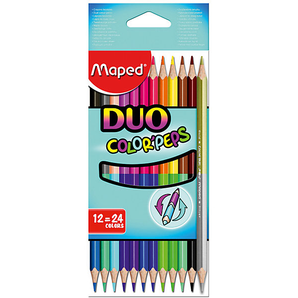 Карандаши цветные Maped, двухсторонние 24 цвета Карандаши цветные Maped, двухсторонние 24 цветаКарандаши для творчества<br>Характеристики:<br><br>• возраст: от 3 лет<br>• в наборе: 12 двусторонних карандашей ярких и насыщенных цветов (включая карандаш золотистого и серебристого цветов)<br>• количество цветов: 24 <br>• твердость грифеля: мягкий<br>• материал корпуса: дерево<br>• длина карандаша: 17,5 см.<br>• диаметр карандаша: 0,7 см.<br>• диаметр грифеля: 2,9 мм.<br>• размер упаковки: 8,5х20,5х1 см.<br><br>Цветные карандаши «Color Peps» - это набор из 12 двусторонних карандашей. Два цвета располагаются на одном карандаше с разных сторон.<br><br>Цветные карандаши разработаны специально для самых маленьких художников, которые только начинают свой творческий путь. Эргономичный трехгранный корпус из американской липы особенно удобен для маленьких детских ручек. Специальное покрытие и многослойная лакировка уменьшают скольжение, что делает процесс рисования максимально комфортным. Мягкий, ударопрочный грифель не ломается и не крошится при заточке.<br><br>В процессе рисования у малышей развивается наглядно-образное мышление, воображение, мелкая моторика рук, творческие и художественные способности, вырабатывается усидчивость и аккуратность.<br><br>MAPED Карандаши цветные, двусторонние, 12 шт./ 24 цвета можно купить в нашем интернет-магазине.<br><br>Ширина мм: 8<br>Глубина мм: 86<br>Высота мм: 206<br>Вес г: 63<br>Возраст от месяцев: 36<br>Возраст до месяцев: 2147483647<br>Пол: Унисекс<br>Возраст: Детский<br>SKU: 7065309