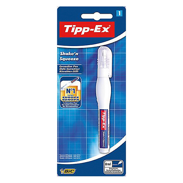 Корректирующая ручка Bic Tipp-Ex Shake n Squeeze, 8 мл Корректирующая ручка Bic Tipp-Ex Shake n Squeeze, 8 млШкольные аксессуары<br>Характеристики:<br><br>• возраст: от 5 лет<br>• объем: 8 мл.<br>• материал корпуса: пластик<br>• упаковка: блистер<br>• размер упаковки: 20х8х3 см.<br><br>Корректирующая ручка Tipp-Ex Shake n Squeeze имеет удобную форму. Она отлично корректирует надписи. Высококачественная корректирующая жидкость быстро сохнет и хорошо покрывает текст. Мягкий корпус обеспечивает оптимальную подачу жидкости путём нажатия. Благодаря тонкому металлическому наконечнику жидкость наносится точно и равномерно. Подходит для любого типа бумаги.<br><br>BIC Корректирующую ручку Tipp-Ex Shake n Squeeze, 8 мл, блистер можно купить в нашем интернет-магазине.<br><br>Ширина мм: 17<br>Глубина мм: 80<br>Высота мм: 197<br>Вес г: 32<br>Возраст от месяцев: 60<br>Возраст до месяцев: 2147483647<br>Пол: Унисекс<br>Возраст: Детский<br>SKU: 7065346