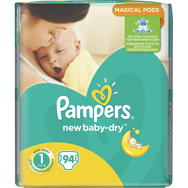 Подгузники Pampers New Baby-Dry Newborn 2-5 кг, 94 шт Подгузники Pampers New Baby-Dry Newborn 2-5 кг, 94 штПодгузники классические<br>Подгузники Pampers New Baby-Dry Newborn, 94 шт, 2-5 кг<br>Подгузники New Baby Dry популярной торговой марки Pampers разработаны специально для новорожденных детей. Они обеспечивают малышам комфорт и сухость благодаря революционной технологии впитывания. Внутренний слой равномерно распределяет влагу по 3 впитывающим каналам и запирает ее на замок, не позволяя образовываться мягким комкам между ног.<br><br>Мягкий, как хлопок, верхний слой предотвращает контакт влаги с кожей малыша и гарантирует спокойный сон всю ночь. Боковые стороны подгузника спокойно тянутся и обеспечивают хорошую посадку и плотное прилегание к телу, защищая от протекания. Подгузники обладают высокой абсорбирующей способностью. Они впитывают большое количество жидкости и нейтрализуют неприятный запах. Подгузники Pampers New Baby Dry – это то, что нужно для чистоты и комфорта вашего новорожденного малыша.<br><br>Ширина мм: 296<br>Глубина мм: 110<br>Высота мм: 341<br>Вес г: 1527<br>Возраст от месяцев: 0<br>Возраст до месяцев: 3<br>Пол: Унисекс<br>Возраст: Детский<br>SKU: 7083403