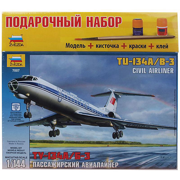 Сборная модель Звезда Пассажирский авиалайнер ТУ-134А/Б-3, 1:144 (подарочный набор) Сборная модель Звезда Пассажирский авиалайнер ТУ-134А/Б-3, 1:144 (подарочный набор)Самолеты и вертолеты<br>Характеристики товара: <br><br>• возраст: от 10 лет;<br>• материал: пластик;<br>• в комплекте: 154 детали, клей, кисточка, краски;<br>• масштаб: 1:144;<br>• размер собранной модели: 53 см;<br>• размер упаковки: 27,5х30,5х5 см;<br>• вес упаковки: 410 гр.;<br>• страна производитель: Россия.<br><br>Сборная модель Звезда «Пассажирский авиалайнер ТУ-134А/Б-3» позволит собрать из деталей уменьшенную копию самолета, легенды отечественной гражданской авиации.<br><br>Сборные модели от компании Звезда отличаются высокой степенью детализации и позволяют собирать модели многих популярных видов военной техники. В процессе сборки ребенок расширяет свой кругозор, знакомится с видами техники и историческими фактами, развивает усидчивость, внимательность, аккуратность.<br><br>Сборную модель Звезда «Пассажирский авиалайнер ТУ-134А/Б-3» можно приобрести в нашем интернет-магазине.<br><br>Ширина мм: 306<br>Глубина мм: 276<br>Высота мм: 50<br>Вес г: 410<br>Возраст от месяцев: 36<br>Возраст до месяцев: 180<br>Пол: Мужской<br>Возраст: Детский<br>SKU: 7086516