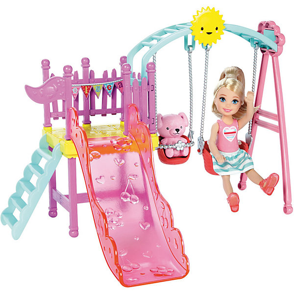 Набор с мини-куклой Mattel Barbie Развлечения Челси На детской площадке, 12 см Набор с мини-куклой Mattel Barbie Развлечения Челси На детской площадке, 12 смНаборы с куклой<br>Характеристики товара: <br><br>• возраст: от 3 лет;<br>• материал: пластик;<br>• в комплекте: кукла, аксессуары;<br>• размер упаковки: 26,5х25х8,5 см;<br>• вес упаковки: 509 гр.;<br>• страна производитель: Китай.<br><br>Игровой набор Barbie «Развлечения Челси» включает в себя маленькую куколку и место для отдыха и игр. Маленькая Челси и ее друг медвежонок могут покататься на качелях или спуститься с горки. Игрушка выполнена из качественного безопасного пластика.<br><br>Игровой набор Barbie «Развлечения Челси» можно приобрести в нашем интернет-магазине.<br><br>Ширина мм: 265<br>Глубина мм: 85<br>Высота мм: 250<br>Вес г: 509<br>Возраст от месяцев: 36<br>Возраст до месяцев: 120<br>Пол: Женский<br>Возраст: Детский<br>SKU: 7140495