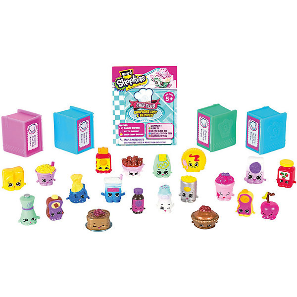 Набор мини-фигурок Moose Shopkins Chef Club 6 сезон, 20 штук Набор мини-фигурок Moose Shopkins Chef Club 6 сезон, 20 штукИгровые наборы с фигурками<br>Характеристики товара:<br><br>• возраст: от 5 лет;<br>• количество фигурок: 20 шт;<br>• размер фигурки: 2,5 см.;<br>• материал: пластик;<br>• упаковка: картонная коробка;<br>• размер упаковки: 44х83х6,2 см.;<br>• вес: 350 гр.;<br>• наименование бренда, страна бренда: Moose (Мус), Австралия;<br>• страна изготовитель: Китай.<br><br>Мега набор «Shopkins» - это большой игровой набор из 20-ти ярких фигурок очаровательных персонажей-вкусняшек из серии «Кулинарный клуб» популярной линии детских игрушек от знаменитого бренда Moose. В комлект также входят 4 кулинарные книги и буклет коллекционера, что несомненно порадует вашего ребенка. <br><br>Из маленьких пластиковых фигурок можно собирать большую коллекцию и придумывать различные интересные сюжеты для игры с ними. Персонажи из серии «Кулинарный клуб» могут оживать на экранах ваших смартфонов, необходимо лишь скачать бесплатное приложение Shopkins: Chef Club и просканировать QR-код фигурки.<br><br>Фигурки «Shopkins» изготовлены из высококачественных материалов, безопасных для детского здоровья. <br><br>Игры с фигурками прекрасно развивают мелкую моторику рук, внимательность, образное мышление, познавательный интерес, обогащают словарный запас.<br><br>Мега набор «Shopkins», 20 шт., Moose (Мус) можно купить в нашем интернет-магазине.<br><br>Ширина мм: 440<br>Глубина мм: 62<br>Высота мм: 83<br>Вес г: 350<br>Возраст от месяцев: 60<br>Возраст до месяцев: 2147483647<br>Пол: Женский<br>Возраст: Детский<br>SKU: 7143845