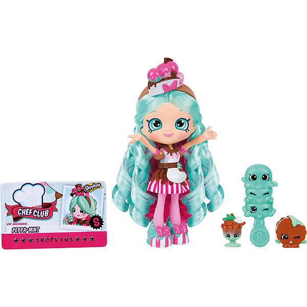 Мини-кукла Moose Shopkins Shoppies Кулинарный клуб Пеппа-минт, 13 см Мини-кукла Moose Shopkins Shoppies Кулинарный клуб Пеппа-минт, 13 смПопулярные игрушки<br>Характеристики товара:<br><br>• возраст: от 5 лет;<br>• высота куклы: 13 см;<br>• материал: пластик;<br>• упаковка: картонная коробка;<br>• размер упаковки: 17х27х7 см.;<br>• вес: 250 гр.;<br>• наименование бренда, страна бренда: Moose (Мус), Австралия;<br>• страна изготовитель: Китай.<br><br>Кукла Shoppies «Пеппа Минт (Peppa-mint)» - в этот игровой набор из серии «Кулинарный клуб» входит очаровательная кукла с удивительными волосами, расческа, а также 2 фигурки-вкусняшка Shopkins. <br><br>Кукла по имени Пеппа Минт станет доброй подружкой маленькой девочке. У куклы огромные глаза, шикарные голубые волосы, за которыми можно ухаживать с помощью расчески в виде мороженного под цвет локонов. На голове у Пеппы красивый ободок, украшенный фруктовым тортиком. Одета игрушка в шоколадно-белое платье и красивые туфли-пироженки.<br> <br>С помощью игрушек от знаменитого бренда Moose можно собирать большую коллекцию и придумывать различные интересные сюжеты для игры с ними. Они изготовлены из высококачественных материалов, безопасных для детского здоровья. <br><br>Игры с куклами прекрасно развивают мелкую моторику рук, внимательность, образное мышление, познавательный интерес, обогащают словарный запас.<br><br>Куклу Shoppies «Пеппа Минт (Peppa-mint)», 13 см., Moose (Мус) можно купить в нашем интернет-магазине.<br><br>Ширина мм: 170<br>Глубина мм: 70<br>Высота мм: 270<br>Вес г: 250<br>Возраст от месяцев: 60<br>Возраст до месяцев: 2147483647<br>Пол: Женский<br>Возраст: Детский<br>SKU: 7143856