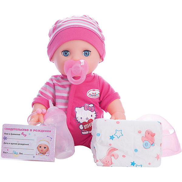 Интерактивная кукла-пупс Карапуз Hello Kitty, 30 см (3 функции, пьет, писает, закрывает глазки Интерактивная кукла-пупс Карапуз Hello Kitty, 30 см (3 функции, пьет, писает, закрывает глазкиHello Kitty<br>Характеристики:<br><br>• возраст: от 3 лет<br>• в комплекте: пупс, бутылочка, памперс, горшок, соска, свидетельство рождении<br>• материал: пластик, текстиль<br>• высота куклы: 30 см.<br><br>Пупс «Хелло Китти» от производителя «Карапуз» выглядит очень мило. Большие глаза, круглые щеки и пухлые ручки придают ему сходства с настоящим малышом. На пупсе надет нарядный костюмчик и шапочка. Костюмчик украшен изображением котенка из популярного мультфильма «Хелло Китти». Ручки и ножки пупса можно двигать, что позволяет придавать ему различные позы во время игры.<br><br>Игрушечный малыш умеет пить из бутылочки, писать в свой розовый горшочек, а также закрывать и открывать глазки.<br><br>Игрушка изготовлена из высококачественных материалов, не содержащих в своем составе вредных или опасных для здоровья ребенка веществ.<br><br>Пупс Hello Kitty 30см, 3 функции, пьет и писает, закрывает глазки можно купить в нашем интернет-магазине.<br><br>Ширина мм: 290<br>Глубина мм: 150<br>Высота мм: 270<br>Вес г: 790<br>Возраст от месяцев: 36<br>Возраст до месяцев: 84<br>Пол: Женский<br>Возраст: Детский<br>SKU: 7168162