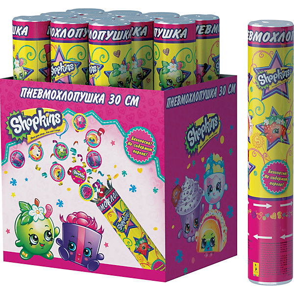 Пневмохлопушка Росмэн Shopkins, 30 см конфетти с героями Пневмохлопушка Росмэн Shopkins, 30 см конфетти с героямиНовинки для праздника<br>Пневмохлопушка Шопкинс высотой 30 см наполнена фольгой и разноцветным круглым конфетти с героями мультфильма. Изделие представляет собой металлическую тубу с бумажным и фольгированным наполнением, не содержит пороха, действует на основе сжатого воздуха, безопасно при использовании по назначению. Товар сертифицирован.<br><br>Ширина мм: 50<br>Глубина мм: 50<br>Высота мм: 300<br>Вес г: 150<br>Возраст от месяцев: 144<br>Возраст до месяцев: 144<br>Пол: Женский<br>Возраст: Детский<br>SKU: 7175820