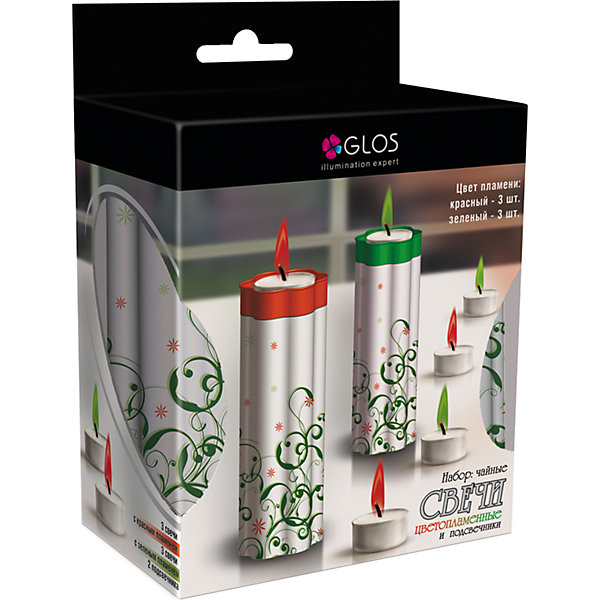 Набор чайных свечей GLOS с подсвечником 6 свечей с цветным пламенем, 2 подсвечника (красные, зеленые