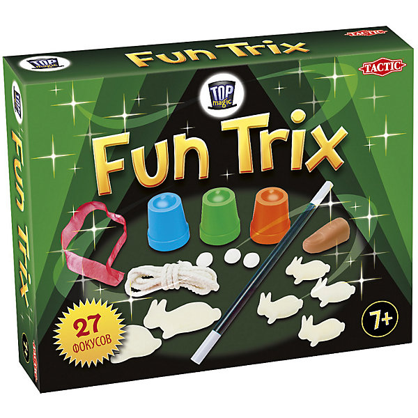Набор фокусов Tactic Games Fun Trix Набор фокусов Tactic Games Fun TrixФокусы и розыгрыши<br>Характеристики товара:<br><br>• возраст: от 7 лет;<br>• материал: картон, бумага;<br>• в комплекте: 3 пластиковых стаканчика, 1 пластиковый палец, 2 больших поролоновых кролика, 4 маленьких поролоновых кролика, 4 волшебных помпона, 1 веревка, 1 лента,1 волшебная палочка ;<br>• размер упаковки: 55х26,8х21,8 см;<br>• упаковка: картонная коробка;<br>• количество предполагаемых игроков: 2-6;<br>• вес упаковки: 300 гр.;<br>• страна производитель: Россия.<br><br>Если вы задумались, как весело и с пользой провести время со своими детьми дома или во время дальней поездки.<br><br>Набор фокусов Fun Trix станет отличным подарком для юного иллюзиониста. С помощью аксессуаров из этого комплекта ребенок сможет показать 26 фокусов перед своей семьей или друзьями. Этот замечательный набор подарит ему прекрасную возможность окунуться в чарующий мир фокусов и волшебства. <br><br>Настольную игру набор фокусов «Fun Trix» можно приобрести в нашем интернет-магазине.<br><br>Ширина мм: 55<br>Глубина мм: 268<br>Высота мм: 218<br>Вес г: 253<br>Возраст от месяцев: 84<br>Возраст до месяцев: 180<br>Пол: Унисекс<br>Возраст: Детский<br>SKU: 7232891