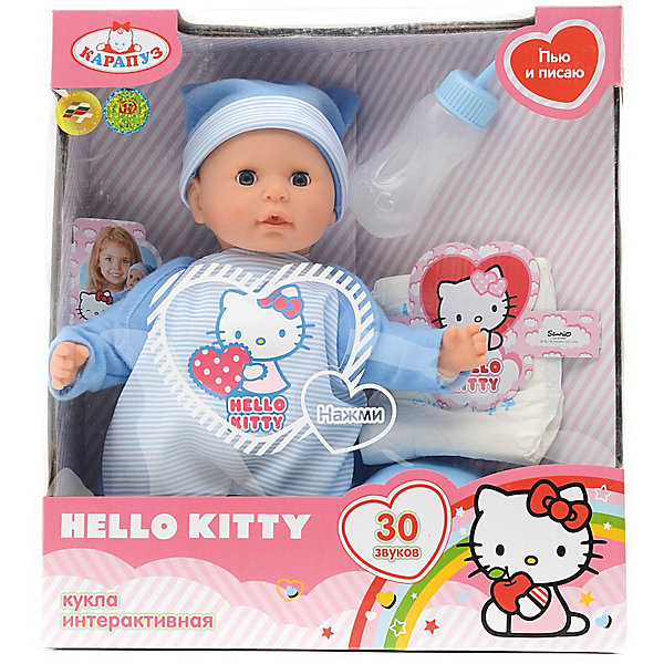 Пупс HELLO KITTY 35 см, мягкое тело, 30 звуков, пьети писает. Пупс HELLO KITTY 35 см, мягкое тело, 30 звуков, пьети писает.Hello Kitty<br>Если ваша дочка мечтает о самой правдоподобной игрушке, которая будет похожа на настоящего ребёнка, то стоит обратить внимание именно на этого очаровательного пупса. Он не только поражает своей реалистичностью, но ещё и может удивить хозяйку способностью пить из любимой бутылочки, а после этого писать в горшок из набора. Таким образом девочки получают такой милый и забавный объект для заботы, а также главного героя для своих игр. Комплект одежды украшен изображением котенка из мультфильма «Хеллоу Китти», а на голове у него есть мягкая шапочка. Части тела игрушки подвижные. Дополнительно в комплекте с куклой предусмотрен горшок, бутылочка и запасной подгузник. Малыш умеет плакать и смеяться, а также издавать другие реалистичные звуки (лепетать, икать, кашлять, всего 30). Если куклу положить, то ее глазки закроются. Малыш умеет пить из бутылочки, а потом его надо не забыть посадить на горшок. Лицо пупсов тщательно проработано, поэтому игрушка выглядит очень реалистично. Аксессуары из набора окрашены яркими нетоксичными красителями, безопасными для детей и устойчивыми к выгоранию на солнце. Пупс изготовлен из материалов высокого качества, особо прочных к внешним воздействиям. Пупсы представлены в ассортименте: 1. Игрушка в розовом костюмчике. 2. Игрушка в голубом костюмчике. Размер: 12 х 26 х 33 см. Материал: текстиль, пластик. Игры с куклой способствуют эмоциональному развитию, помогают формировать воображение и художественный вкус, а также разовьют в вашей малышке чувство ответственности и заботы. Рекомендовано детям от 3-х лет. Питание: 3 батарейки типа LR44 (в комплекте). Есть ассортимент.<br><br>Ширина мм: 150<br>Глубина мм: 60<br>Высота мм: 350<br>Вес г: 750<br>Возраст от месяцев: 36<br>Возраст до месяцев: 84<br>Пол: Унисекс<br>Возраст: Детский<br>SKU: 7233185