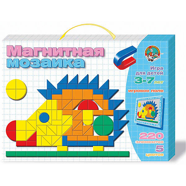 Мозаика магнитная Ежик 220 эл Мозаика магнитная Ежик 220 элМозаика<br>Характеристики:<br><br>• возраст: 5+;<br>• материал: картон, магнит;<br>• размер упаковки: 36,4x26,3x3,4 см;<br>• масса: 480 г.<br><br>Набор мягких магнитных деталей четырех цветов состоит из 220 элементов разнообразных геометрических форм и магнитной доски с разметкой поля.<br><br>Расставляя детали на магнитной доске, можно использовать предложенные на обороте коробки схемы. Собирая плоский конструктор, ребенок будет развивать художественное воображение и творческие навыки, учиться усидчивости, тренировать мелкую моторику рук.<br><br>Мозаика магнитная «Ежик», 220 элементов, «Десятое королевство» можно купить в нашем интернет-магазине.<br><br>Ширина мм: 364<br>Глубина мм: 263<br>Высота мм: 34<br>Вес г: 480<br>Возраст от месяцев: 684<br>Возраст до месяцев: 2147483647<br>Пол: Унисекс<br>Возраст: Детский<br>SKU: 7245668