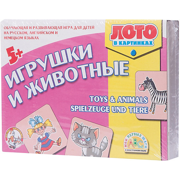 Лото в картинках для обучения детей английскому и немецкому Игрушки и животные Лото в картинках для обучения детей английскому и немецкому Игрушки и животныеЛото<br>Характеристики:<br><br>• возраст: 5+;<br>• размер упаковки: 23,2x17x3,7 см;<br>• масса: 360 г.<br><br>Обучающая и развивающая игра предназначена для обучения детей английскому и немецкому языку. Интересная занимательная форма обучающего материала способствует быстрому и легкому запоминанию слов по теме «Игрушки и животные». <br><br>В комплект входит:<br><br>• 6 больших пронумерованных картонных карточек лото с шестью картинками на каждой (22х4,5 см);<br>• разрезные картинки в блоках по числу карточек (5,5х5,5 см, на обратной стороне каждой картинки ее название на английском, немецком и русском языках);<br>• методические рекомендации с правилами игры.<br><br>Это лото идеально подходит для занятия с детьми в дошкольных образовательных учреждениях, кружках и для самостоятельного обучения дома.<br><br>Лото в картинках для обучения детей английскому и немецкому «Игрушки и животные», «Десятое королевство» можно купить в нашем интернет-магазине.<br><br>Ширина мм: 232<br>Глубина мм: 170<br>Высота мм: 37<br>Вес г: 360<br>Возраст от месяцев: 84<br>Возраст до месяцев: 2147483647<br>Пол: Унисекс<br>Возраст: Детский<br>SKU: 7245769