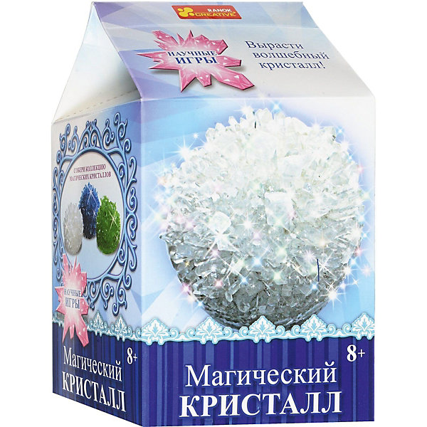 Набор для опытов Магический кристалл Белый Набор для опытов Магический кристалл БелыйВыращивание кристаллов<br>Характеристики товара:<br><br>• возраст: от 8 лет;<br>• материал: гипс, пластик, бумага;<br>• размер упаковки: 22х17х5 см.;<br>• упаковка: картонная коробка;<br>• вес в упаковке: 215 гр.;<br>• бренд, страна: Ranok Creative, Украина.<br><br>Набор для опытов «Магический кристалл Белый» от бренда Ranok Creative включает все необходимые компоненты для того, чтобы в домашних условиях за несколько дней вырастить красивый кристалл белого цвета. <br><br>Кристаллы растут сами по себе, вам необходимо лишь смешать раствор точно по инструкции, добавив все необходимые ингредиенты. Скоро из них вырастут большие и разнообразные по форме камни, которые смогут украсить ваш дом не хуже цветов! <br><br>В наборе прозрачная пластиковая коробочка, в которой кристалл можно подарить близкому человеку, а можно поставить его на полочку и любоваться.<br><br>Набор для опытов - это увлекательное занятие, которое может стать первым шагом ребенка на пути изучения естественных наук.<br><br>Рекомендуемый возраст: от 8 лет, под наблюдением взрослых.<br><br>Набор для опытов «Магический кристалл Белый», Ranok Creative можно купить в нашем интернет-магазине.<br><br>Ширина мм: 170<br>Глубина мм: 50<br>Высота мм: 220<br>Вес г: 215<br>Возраст от месяцев: 96<br>Возраст до месяцев: 192<br>Пол: Унисекс<br>Возраст: Детский<br>SKU: 7252932