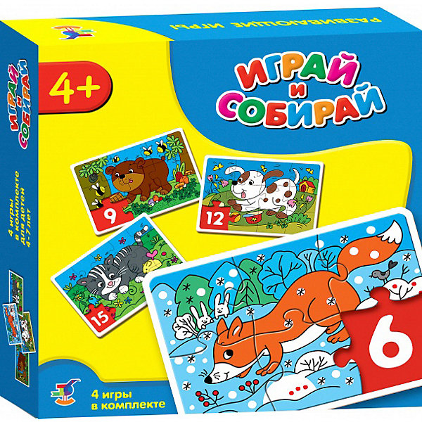 Играй и собирай. Арт. 2947 (Лисенок, котенок, щенок, медвежонок) Играй и собирай. Арт. 2947 (Лисенок, котенок, щенок, медвежонок)Пазлы для малышей<br>Характеристики:<br><br>• тип игрушки: мозаика;<br>• комплектация: четыре мозаики; <br>• возраст: от 4 лет;<br>• размер: 18,5x18х4 см;<br>• издатель: Дрофа;<br>• упаковка: картонная коробка;<br>• материал: картон.<br><br>Игра-мозаика «Играй и собирай. Лисенок, котенок, щенок, медвежонок» совсем не сложная и в то же время очень увлекательная. В комплект игры входит четыре карточки с тематическими изображениями. Каждая карточка собирается из различных фрагментов. Такой набор формирует навыки соединения деталей, развивает мелкую моторику рук и наглядно-образное мышление. Тренирует зрительную память.<br><br>Игры-мозаики учат детей собирать простые картинки, подбирать детали по форме и изображению, способствуют развитию наблюдательности, внимания, наглядно-образного мышления, усидчивости, мелкой моторики рук. В комплекте: 4 мозаики, состоящие из 6, 9, 12, 15 элементов.<br><br>Игру-мозаику «Играй и собирай. Лисенок, котенок, щенок, медвежонок» можно купить в нашем интернет-магазине.<br><br>Ширина мм: 180<br>Глубина мм: 185<br>Высота мм: 40<br>Вес г: 180<br>Возраст от месяцев: 48<br>Возраст до месяцев: 2147483647<br>Пол: Унисекс<br>Возраст: Детский<br>SKU: 7323578