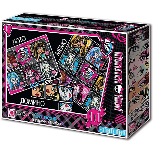 Подарочный набор 4 в 1 Origami Monster High Лото, мемо, домино и пазлы Подарочный набор 4 в 1 Origami Monster High Лото, мемо, домино и пазлыИгры мемо<br>Подарочный набор Monster High: Лото, Мемо, Домино. Отличный подарок непоседливому ребёнку и возможность тренировать усидчивость в форме знаменитых на весь мир игр. Красочные картинки о жизни подружек Monster High понравятся маленьким поклонницам мультфильма.<br><br>Ширина мм: 320<br>Глубина мм: 60<br>Высота мм: 220<br>Вес г: 290<br>Возраст от месяцев: 72<br>Возраст до месяцев: 2147483647<br>Пол: Унисекс<br>Возраст: Детский<br>SKU: 7335599