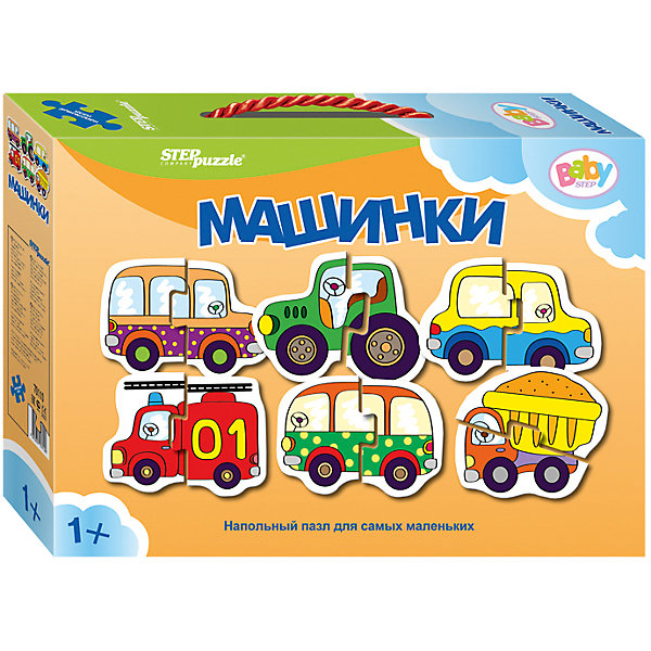 Напольный пазл 6 в 1 Step Puzzle Машинки, по 2 элемента на каждую картинку Напольный пазл 6 в 1 Step Puzzle Машинки, по 2 элемента на каждую картинкуКоврики-пазлы<br>Характеристики товара:<br><br>• возраст: от 1 года;<br>• комплект: 6 пазлов по 2 элемента;<br>• материал: картон;<br>• размер 1 собранного пазла: 34х34 см;<br>• упаковка: картонная коробка с ручкой;<br>• размер упаковки: 24,5х17х5 см;<br>• бренд, страна производства: STEP puzzle, Россия.<br><br>Напольный пазл-мозаика «Машинки» станет отличной развивающей игрушкой для малыша. В комплект входят 6 пазлов по 2 элемента каждый, с изображением видов транспорта: пожарной машины, камаза, такси, автобуса, трактора. Все детали пазла яркие, красочные, а главное – крупные. <br><br>Собирая детали пазла, малыш познакомится с различными видами транспорта, увидит как они выглядят. Играя с таким пазлом-мозайкой, малыш сможет развивать моторику рук и тактильное восприятие.<br><br>Пазл упакован в картонную коробку с изображением основной картинки, на которую удобно ориентироваться при сборке. Пазл сделан из прочных и качественных, нетоксичных и гипоаллергенных материалов.<br><br>Напольный пазл-мозаика «Машинки», набор 6 пазлов можно купить в нашем интернет-магазине.<br><br>Ширина мм: 240<br>Глубина мм: 170<br>Высота мм: 50<br>Вес г: 200<br>Возраст от месяцев: 12<br>Возраст до месяцев: 2147483647<br>Пол: Мужской<br>Возраст: Детский<br>SKU: 7338311