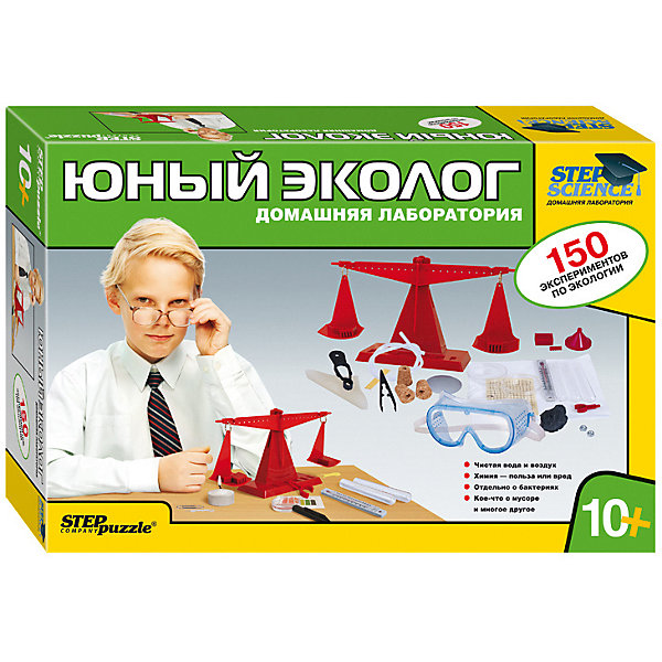 Набор для опытов Step Puzzle Домашняя лаборатория Юный эколог Набор для опытов Step Puzzle Домашняя лаборатория Юный экологАнатомия<br>Характеристики товара:<br><br>• возраст: от 10 лет;<br>• материал: пластик, картон;<br>• размер упаковки: 40х27х8,5 см.;<br>• упаковка: картонная коробка;<br>• вес в упаковке: 1,5 кг.;<br>• бренд, страна производства: STEP puzzle, Россия.<br><br>Домашняя лаборатория «Юный эколог» этот научно-позновательский набор станет отличным подарком для любознательных детей. <br><br>В наборе есть материалы, оборудование и реактивы, с помощью которых можно провести 150 опытов на экологическую тематику. <br><br>Среди тем, которым уделяется наибольшее внимание, имеются темы, волнующие человечество, такие как восполняемые и не восполняемые природные ресурсы, чистота воды и воздуха, предотвращение экологических катастроф, роль микроорганизмов в жизни человека и многие другие.<br><br>Рекомендуемый возраст: от 10 лет, под наблюдением взрослых.<br><br>Домашняя лаборатория «Юный эколог», STEP puzzle можно купить в нашем интернет-магазине.<br><br>Ширина мм: 400<br>Глубина мм: 270<br>Высота мм: 85<br>Вес г: 1517<br>Возраст от месяцев: 120<br>Возраст до месяцев: 2147483647<br>Пол: Унисекс<br>Возраст: Детский<br>SKU: 7338347
