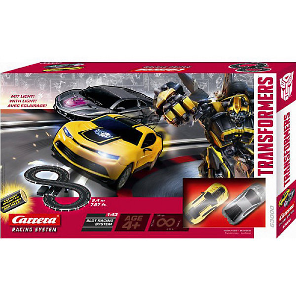 Автотрек Carrera GO!!! Трансформеры Racing System, 1:43 Автотрек Carrera GO!!! Трансформеры Racing System, 1:43Автотреки<br>Характеристики товара:<br><br>• в комплекте: трек, 2 машинки, 2 пульта;<br>• возраст: от 4 лет;<br>• масштаб: 1:43;<br>• длина трассы: 2,34 м;<br>• размер трека в собранном виде: 95х46 см;<br>• материал: пластик, металл;<br>• батарейки: D/LR20 1,5V - 4 шт. (не входят в комплект);<br>• размер упаковки: 50х30х7 см;<br>• страна бренда: Австрия.<br><br>Автотрек от Carrera порадует любителей известных Трансформеров. В комплект входят детали трека, 2 пульта управления и 2 машинки, выполненные в стиле Бамблби и Локдауна. Машинки имеют яркую подсветку, которая сделает гонки захватывающими и эффектными. Дети смогут управлять любимыми героями при помощи пультов управления. <br><br>Питание трека происходит не от сети, а от батареек, благодаря чему дети смогут устраивать гонки не только дома, но и на улице в сухую погоду. Все игрушки изготовлены и высококачественных, безвредных материалов.<br><br>Автотрек Трансформеры батарейки, Carrera (Каррера) можно купить в нашем интернет-магазине.<br><br>Ширина мм: 70<br>Глубина мм: 500<br>Высота мм: 300<br>Вес г: 1444<br>Возраст от месяцев: 72<br>Возраст до месяцев: 2147483647<br>Пол: Мужской<br>Возраст: Детский<br>SKU: 7360166