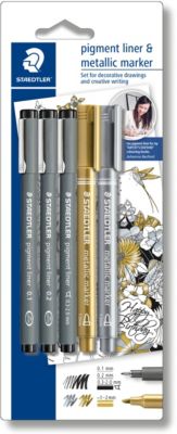 Набор капиллярных ручек Pigment liner, 3 шт.: (0,1/0,2/0,3 мм), цвет черный, 2 маркера: золотой, серебряный, Staedtler, артикул:7379410 - Канцтовары Набор капиллярных ручек Pigment liner, 3 шт.: (0,1/0,2/0,3 мм), цвет черный, 2 маркера: золотой, серебряный, Staedtler, артикул:7379410 - Канцтовары