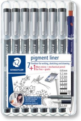 Набор капиллярных ручек Pigment liner, 7 шт.: (0,05/0,2/0,4/0,6/0,8/1,2/0,3-2,0 мм), цвет черный + механический карандаш, Staedtler, артикул:7379411 - Канцтовары Набор капиллярных ручек Pigment liner, 7 шт.: (0,05/0,2/0,4/0,6/0,8/1,2/0,3-2,0 мм), цвет черный + механический карандаш, Staedtler, артикул:7379411 - Канцтовары