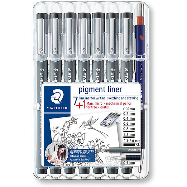Набор капиллярных ручек Pigment liner, 7 шт.: (0,05/0,2/0,4/0,6/0,8/1,2/0,3-2,0 мм), цвет черный + механический карандаш, Staedtler
Набор капиллярных ручек Pigment liner, 7 шт.: (0,05/0,2/0,4/0,6/0,8/1,2/0,3-2,0 мм), цвет черный + механический карандаш, Staedtler