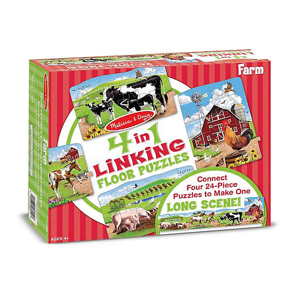 Набор напольных пазлов Melissa & Doug Ферма 4 в 1 Набор напольных пазлов Melissa & Doug Ферма 4 в 1Коврики-пазлы<br>Характеристики товара:<br><br>• возраст: от 8 лет;<br>• материал: картон;<br>• в комплекте: 96 элементов;<br>• размер упаковки: 30х8х24 см;<br>• вес упаковки: 1,3 кг.;<br>• страна производитель: Китай.<br><br>Набор пазлов Melissa & Doug (Мелисса и Даг) «Ферма» - это увлекательный и познавательный пазл для самых маленьких. Он поможет развить мелкую моторику, усидчивость и логическое мышление. <br><br>Набор состоит из 4 пазлов, по 24 элемента в каждом. Каждый пазл иллюстрирует определенный элемент из фермерской жизни. Их можно соединить между собой и тогда получится реалистичная ферма для увлекательной сюжетной игры. Все элементы легко соединяются и прочно прилегают друг к другу, что не позволяет ему рассыпаться.<br><br>Melissa & Doug является одним из ведущих брендов игрушек, для производства которых используется высококачественный картон и нетоксичные красители.<br><br>Набор пазлов Melissa & Doug (Мелисса и Даг) «Ферма» можно купить в нашем интернет-магазине.<br><br>Ширина мм: 200<br>Глубина мм: 80<br>Высота мм: 230<br>Вес г: 1270<br>Возраст от месяцев: 36<br>Возраст до месяцев: 2147483647<br>Пол: Унисекс<br>Возраст: Детский<br>SKU: 7416035