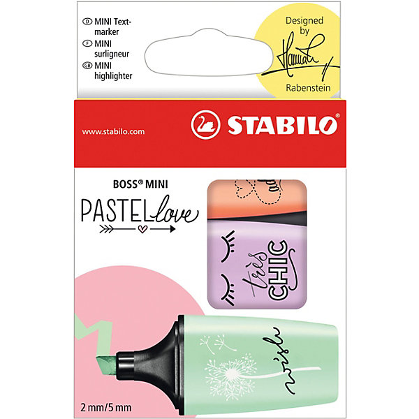 Набор текстовыделителей STABILO, BOSS MINI PASTELLOVE, 3 цв/уп (мята, лаванда, персик), блистер Набор текстовыделителей STABILO, BOSS MINI PASTELLOVE, 3 цв/уп (мята, лаванда, персик), блистерФломастеры<br>Характеристики:<br><br>• возраст: от 3 лет<br>• в наборе: 3 текстовыделителя<br>• количество цветов: 3<br>• цвета: мята, лаванда, персик<br>• толщина линии: от 2 до 5 мм.<br>• материал корпуса: пластик<br>• упаковка: блистер<br>• размер упаковки: 7х1,4х10,5 см.<br>• вес: 30 гр.<br><br>Популярная узнаваемая форма и высокий стандарт качества делают текстовыделители Stabilo Boss Mini Pastellove идеальными для творческой работы и раскрашивания. Они легко помещаются в карман и находятся под рукой всегда, когда это нужно.<br><br>Популярный дизайн в трех модных пастельных тонах. Высокий стандарт качества. Текстовыделители Stabilo Boss Mini Pastellove идеально подходит для подчеркивания, выделения, раскрашивания и тонировки.<br><br>Текстовыделители Stabilo Boss Mini Pastellove предназначены для любителей рисования маркерами и ценителей мягких пастельных оттенков.<br><br>Эксклюзивный дизайн художника Ханны Рабенштайн.<br><br>Набор текстовыделителей STABILO, BOSS MINI PASTELLOVE, 3 цв/уп (мята, лаванда, персик), блистер можно купить в нашем интернет-магазине.<br><br>Ширина мм: 70<br>Глубина мм: 14<br>Высота мм: 105<br>Вес г: 30<br>Возраст от месяцев: 36<br>Возраст до месяцев: 2147483647<br>Пол: Унисекс<br>Возраст: Детский<br>SKU: 7417376