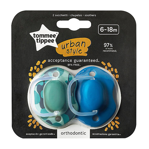 

Пустышки силиконовые Tommee Tippee "Urban" 6-18 мес., 2 шт, зелёная/синяя, Разноцветный
