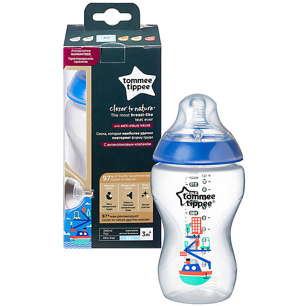 

Бутылочка для кормления Tommee Tippee "Closer to Nature"с антиколиковым клапаном, 340 мл, синяя, Разноцветный