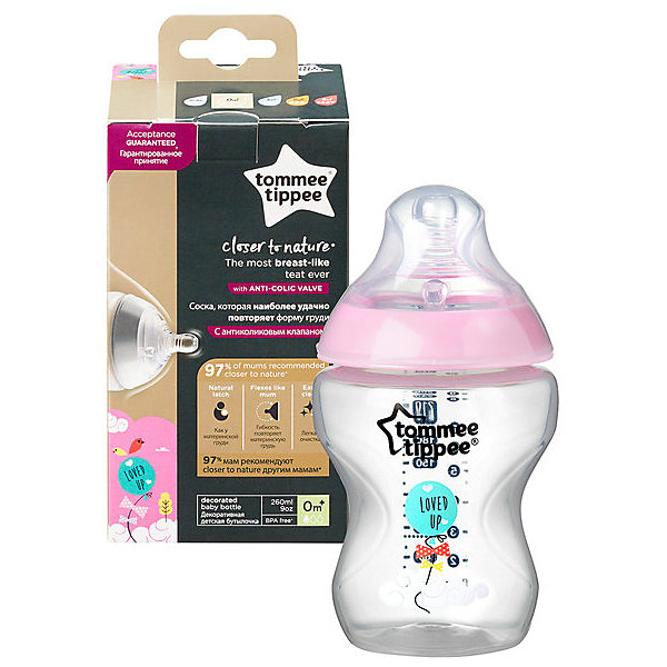 

Бутылочка для кормления Tommee Tippee "Closer to Nature" с антиколиковым клапаном, 260 мл., розовая, Разноцветный