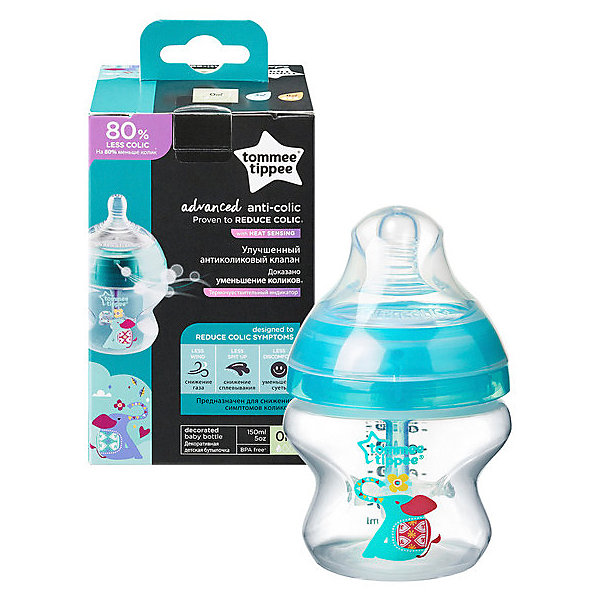

Бутылочка для кормления Tommee Tippee "Advanced" с усиленным антиколиковым клапаном и индикатором температуры, 150 мл, би, Разноцветный