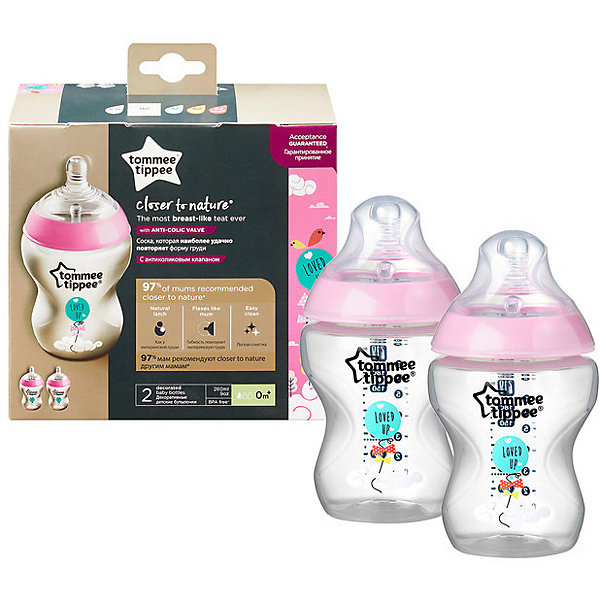 

Бутылочки для кормления Tommee Tippee "Close to Nature" с антиколиковым клапаном, 260 мл, 2 шт., розовая, Разноцветный
