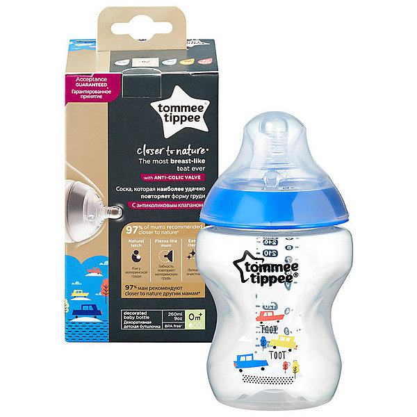 Бутылочка для кормления Tommee Tippee Closer to Nature с антиколиковым клапаном, 260 мл., синяя 10467741