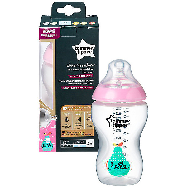 

Бутылочка для кормления Tommee Tippee "Closer to Nature"с антиколиковым клапаном, 340 мл, розовая, Разноцветный